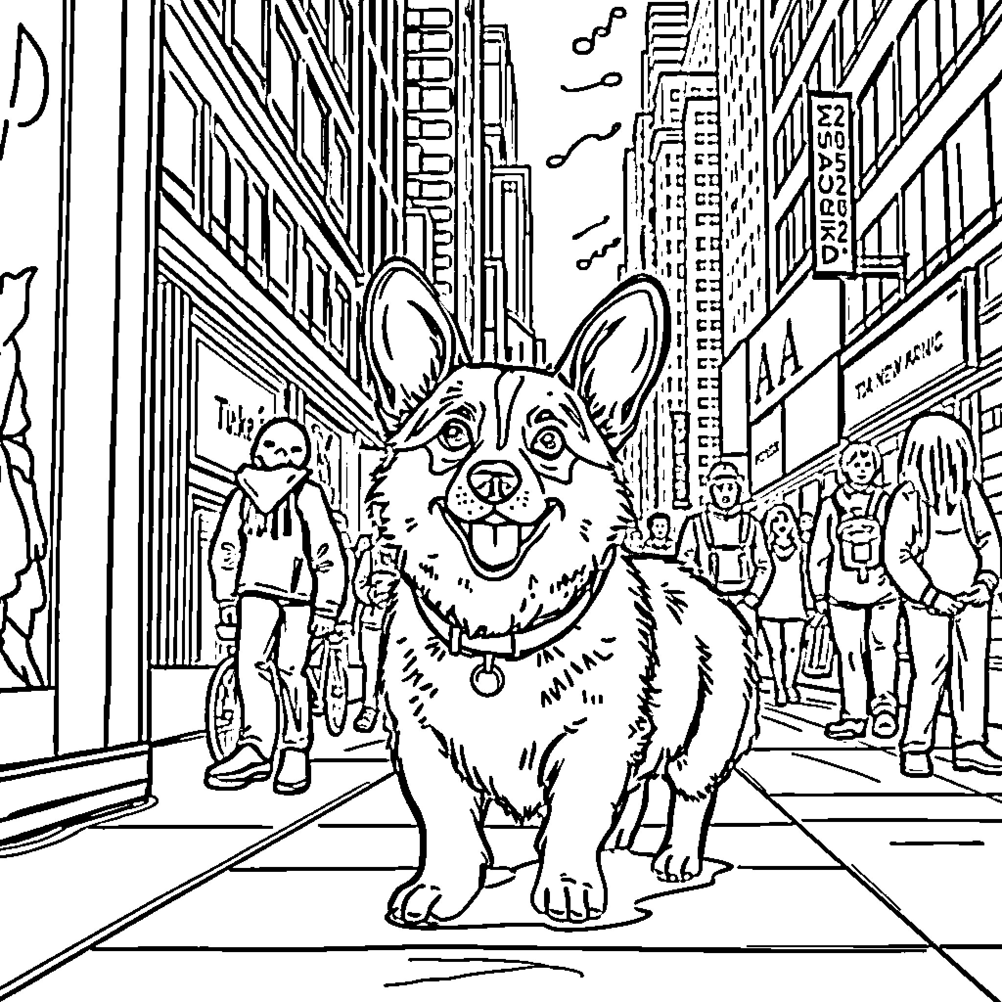 Corgi enjoying the bustling city street Coloring Page (free black-and-white line drawing printable PDF for all, from beginners to advanced learners, including children, teens, adults, and seniors)