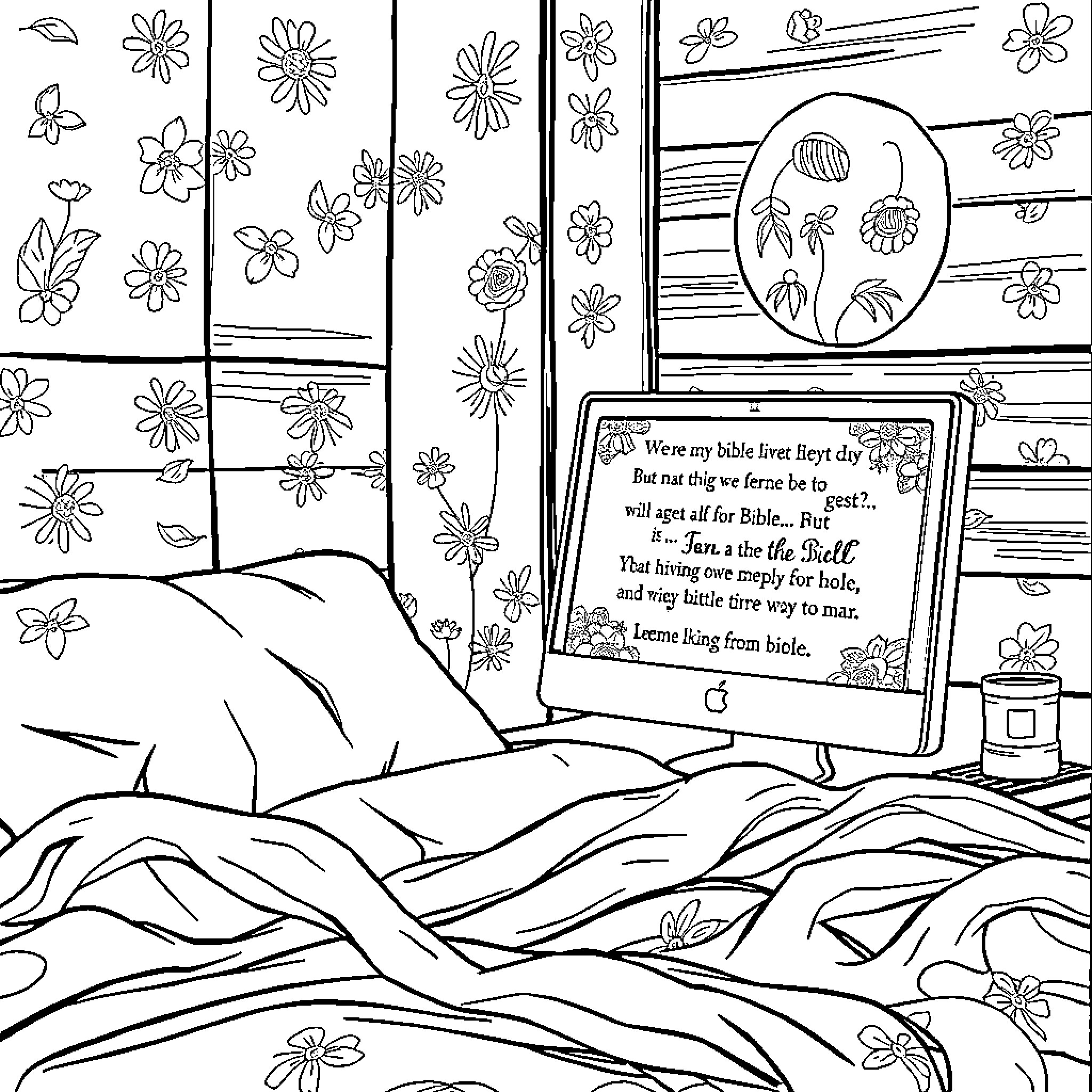 Computer Illustration of Floral Bedroom with Electronic Device Coloring Page (free black-and-white line drawing printable PDF for all, from beginners to advanced learners, including children, teens, adults, and seniors)