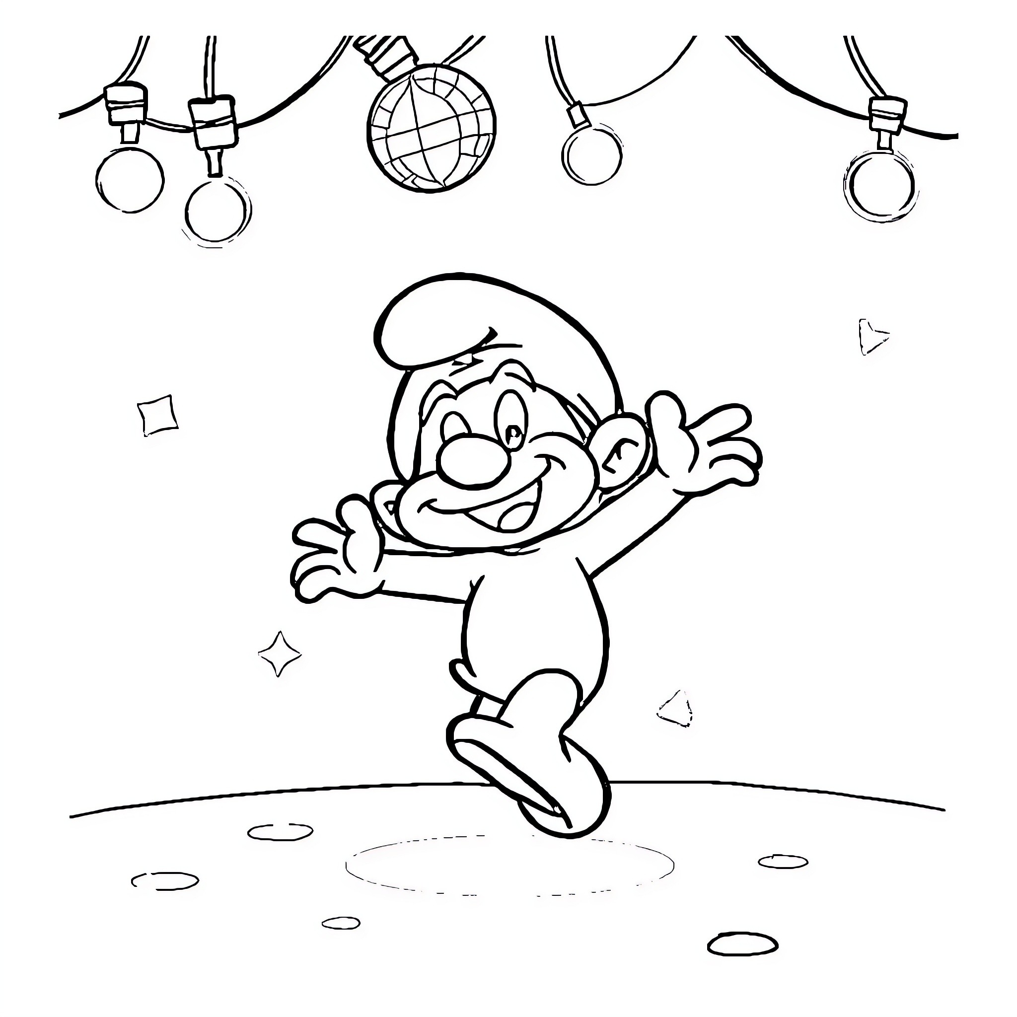 Smurf dancing joyfully under festive lights Coloring Page (free black-and-white line drawing printable PDF for all, from beginners to advanced learners, including children, teens, adults, and seniors)