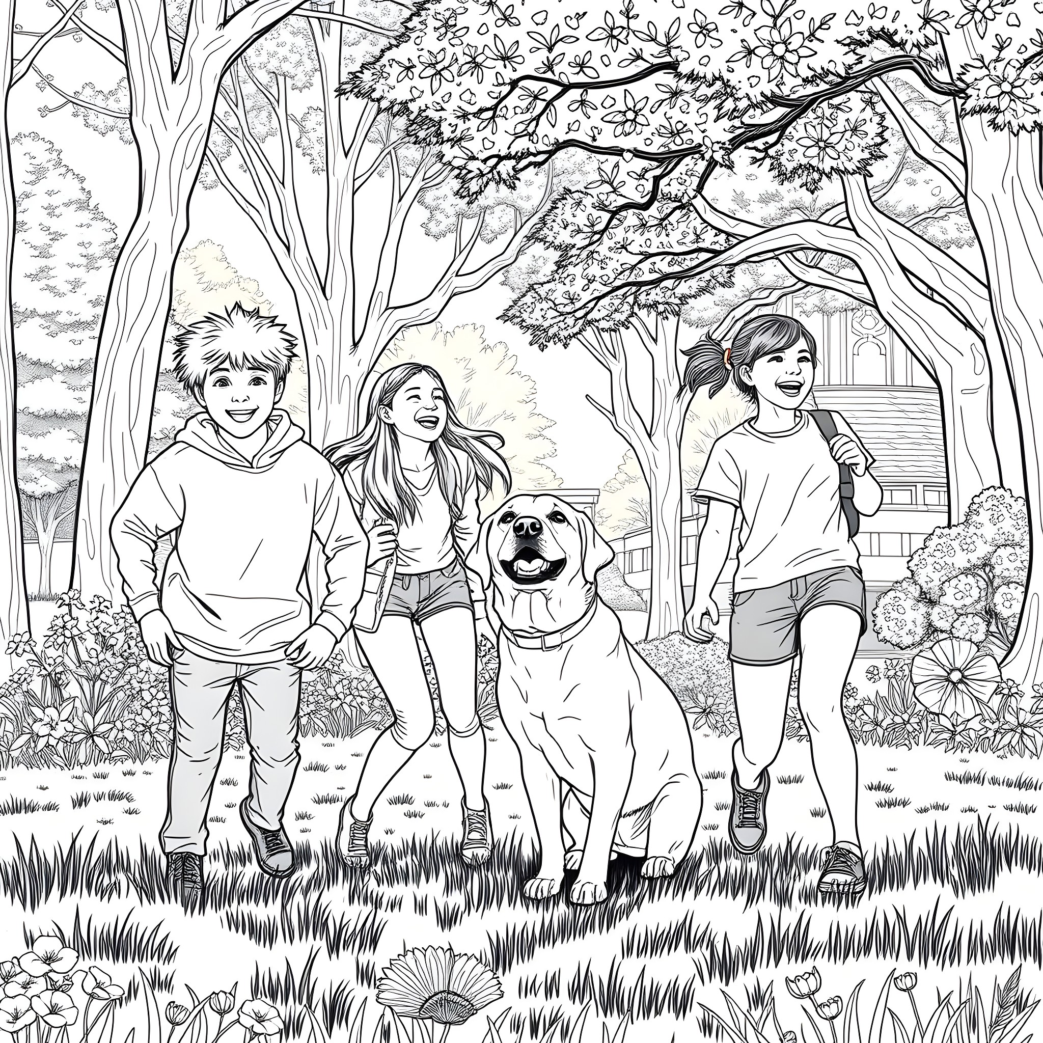 Teen friends enjoying outdoor adventure with pet dog Coloring Page (free black-and-white line drawing printable PDF for all, from beginners to advanced learners, including children, teens, adults, and seniors)