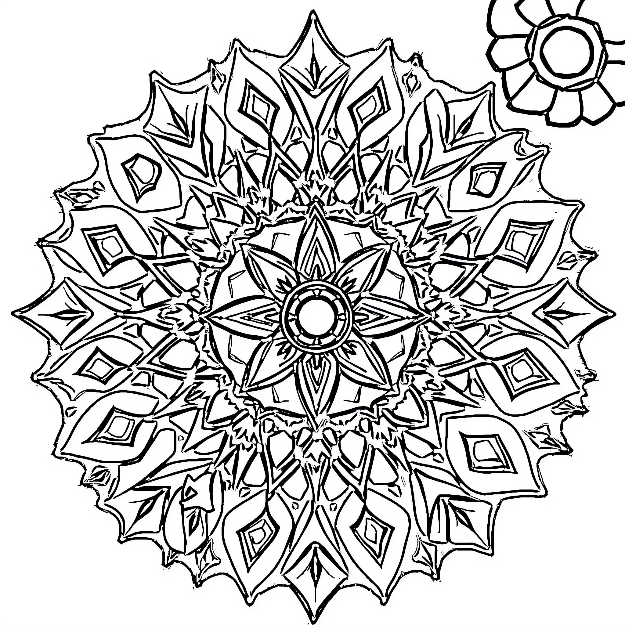 Drawing of a detailed abstract geometric mandala Coloring Page (free black-and-white line drawing printable PDF for all, from beginners to advanced learners, including children, teens, adults, and seniors)