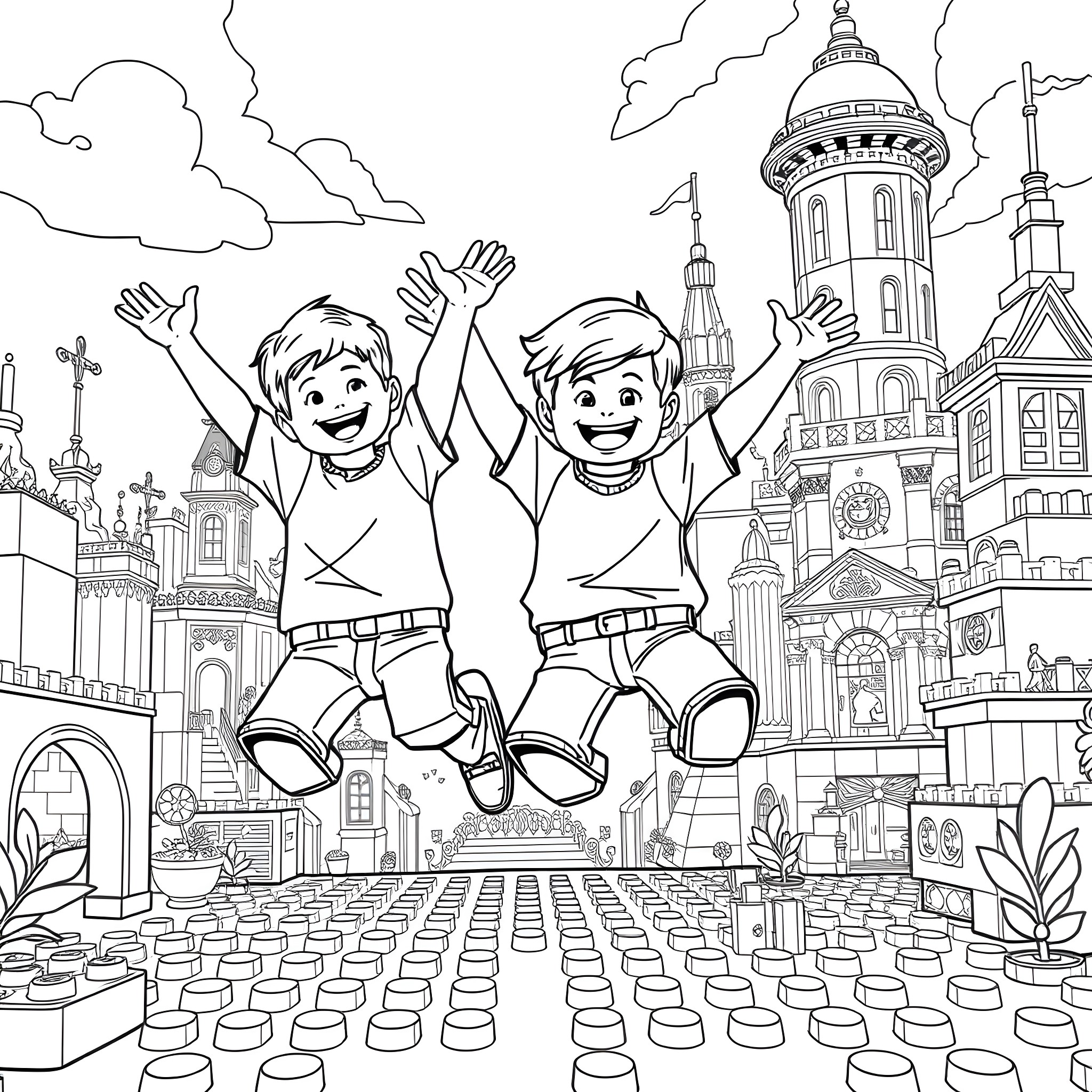 Boys jumping joyfully in a fantasy city Coloring Page (free black-and-white line drawing printable PDF for all, from beginners to advanced learners, including children, teens, adults, and seniors)