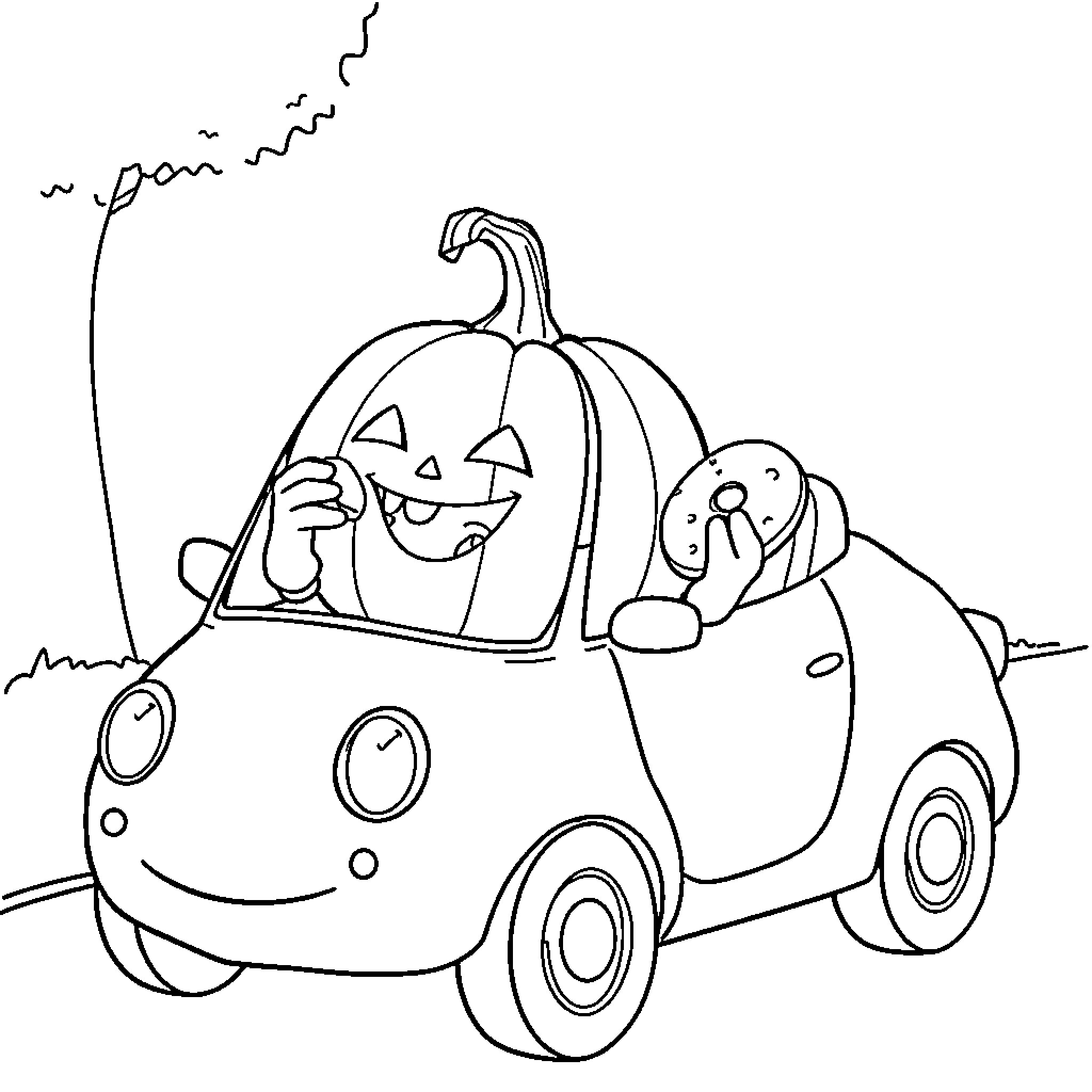 Pumpkin car ride with adorable friends Coloring Page (free black-and-white line drawing printable PDF for all, from beginners to advanced learners, including children, teens, adults, and seniors)
