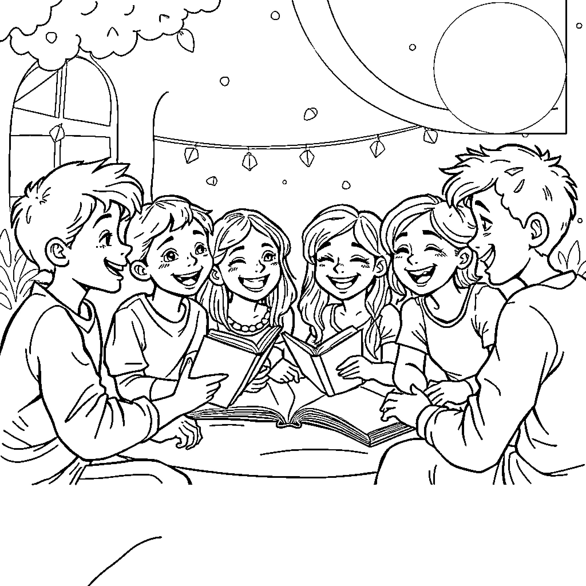 Teenieping friends enjoying a cozy night together Coloring Page (free black-and-white line drawing printable PDF for all, from beginners to advanced learners, including children, teens, adults, and seniors)