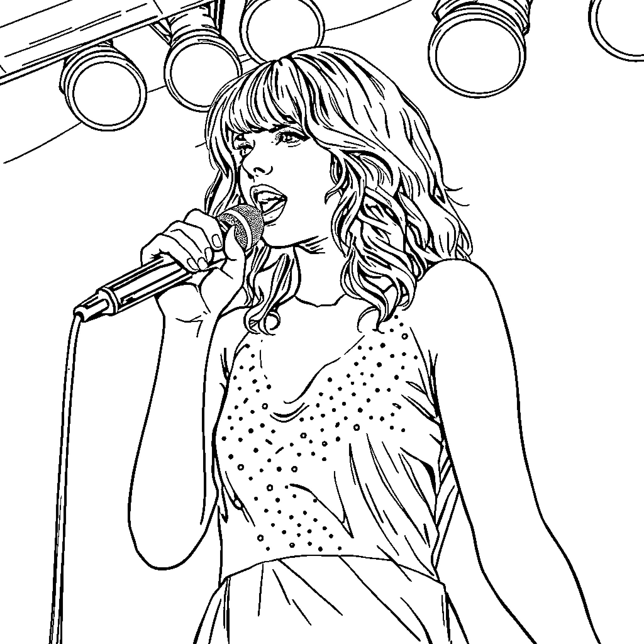 Taylor Swift Singing Passionately on Stage Coloring Page (free black-and-white line drawing printable PDF for all, from beginners to advanced learners, including children, teens, adults, and seniors)