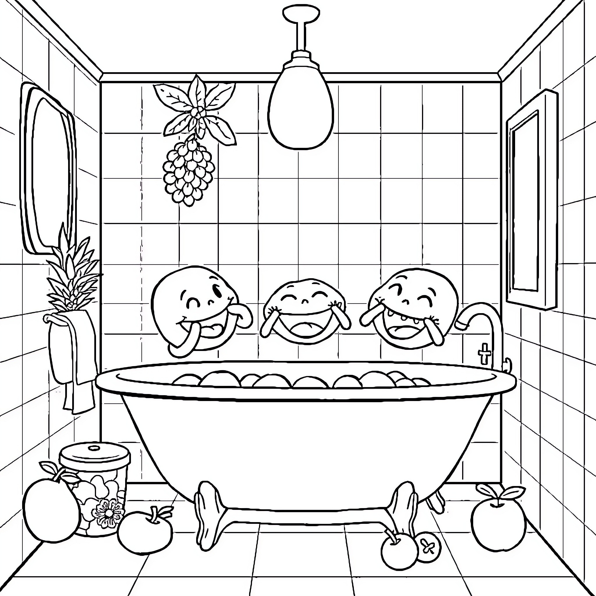 Fruit Friends Enjoy a Relaxing Bath Coloring Page (free black-and-white line drawing printable PDF for all, from beginners to advanced learners, including children, teens, adults, and seniors)