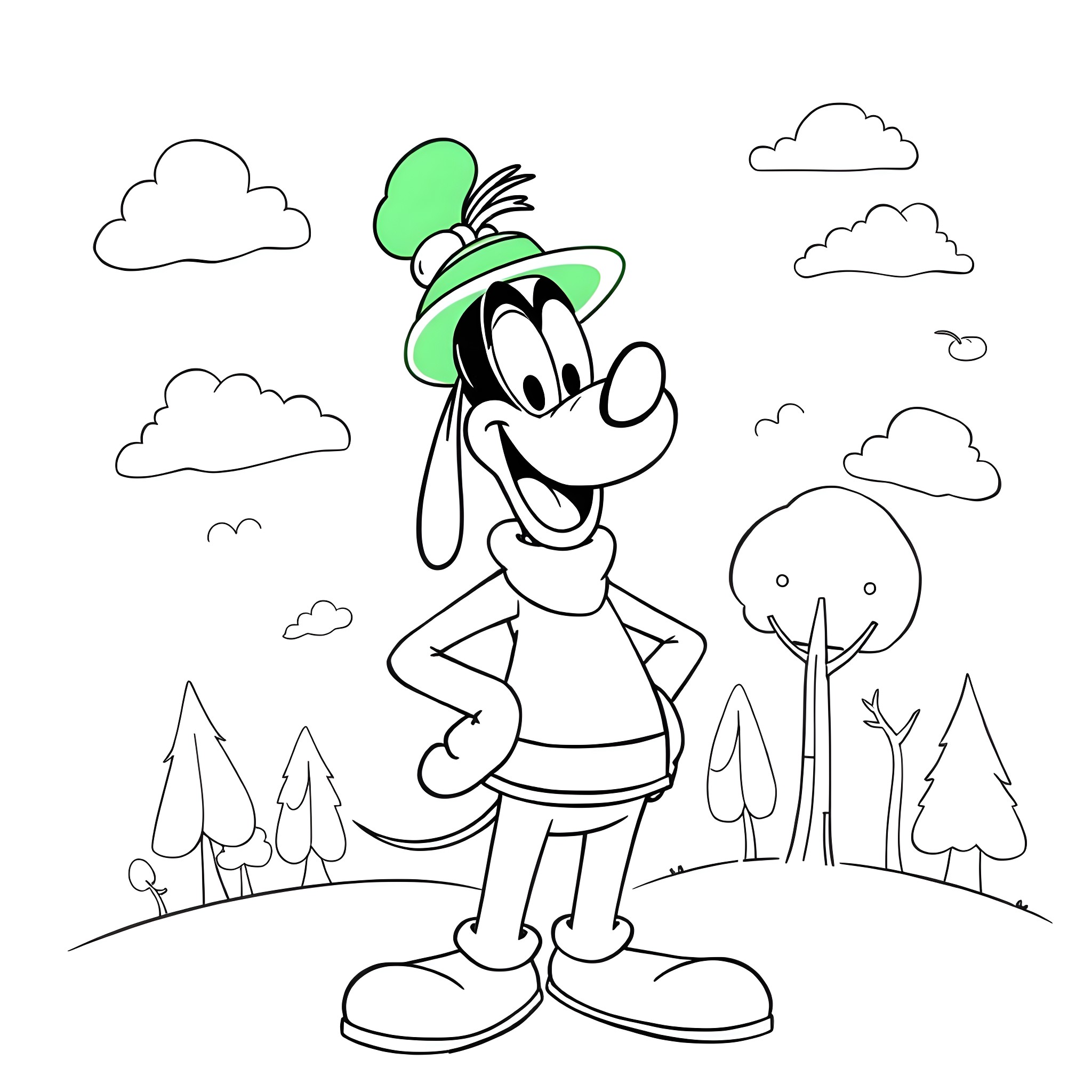 Goofy character in a whimsical outdoor scene Coloring Page (free black-and-white line drawing printable PDF for all, from beginners to advanced learners, including children, teens, adults, and seniors)