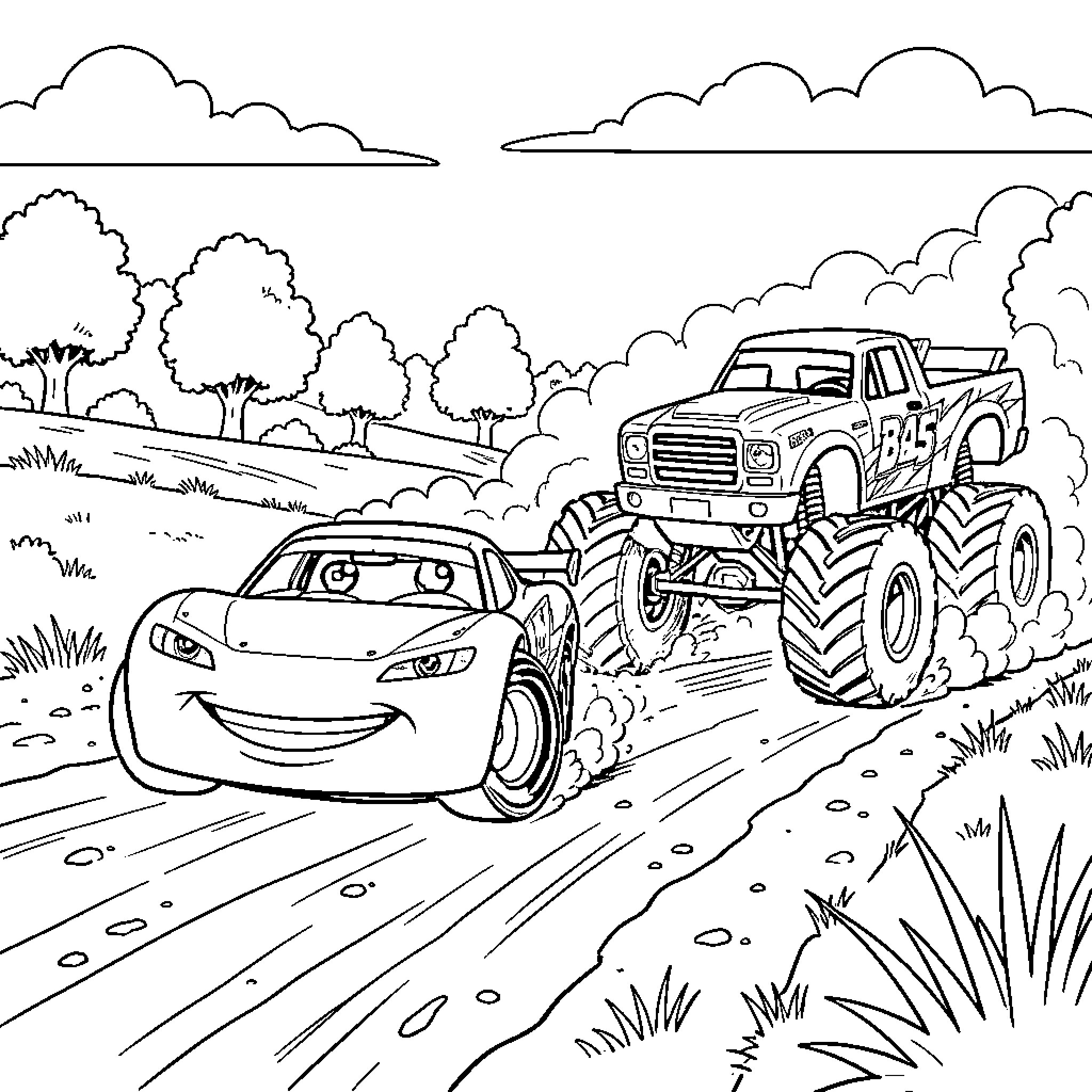 Flash McQueen racing a monster truck on a dirt track Coloring Page (free black-and-white line drawing printable PDF for all, from beginners to advanced learners, including children, teens, adults, and seniors)