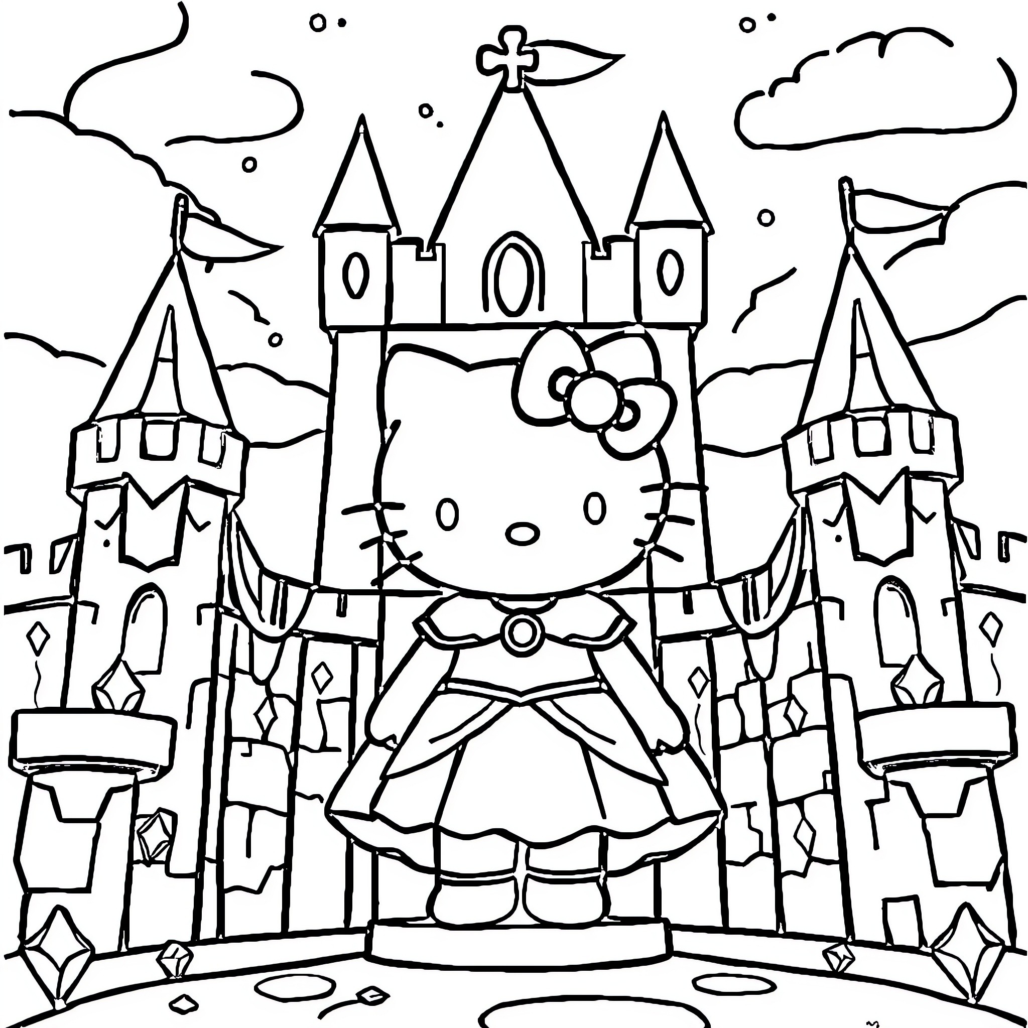 Hello Kitty in a Fairy Tale Castle Coloring Page (free black-and-white line drawing printable PDF for all, from beginners to advanced learners, including children, teens, adults, and seniors)
