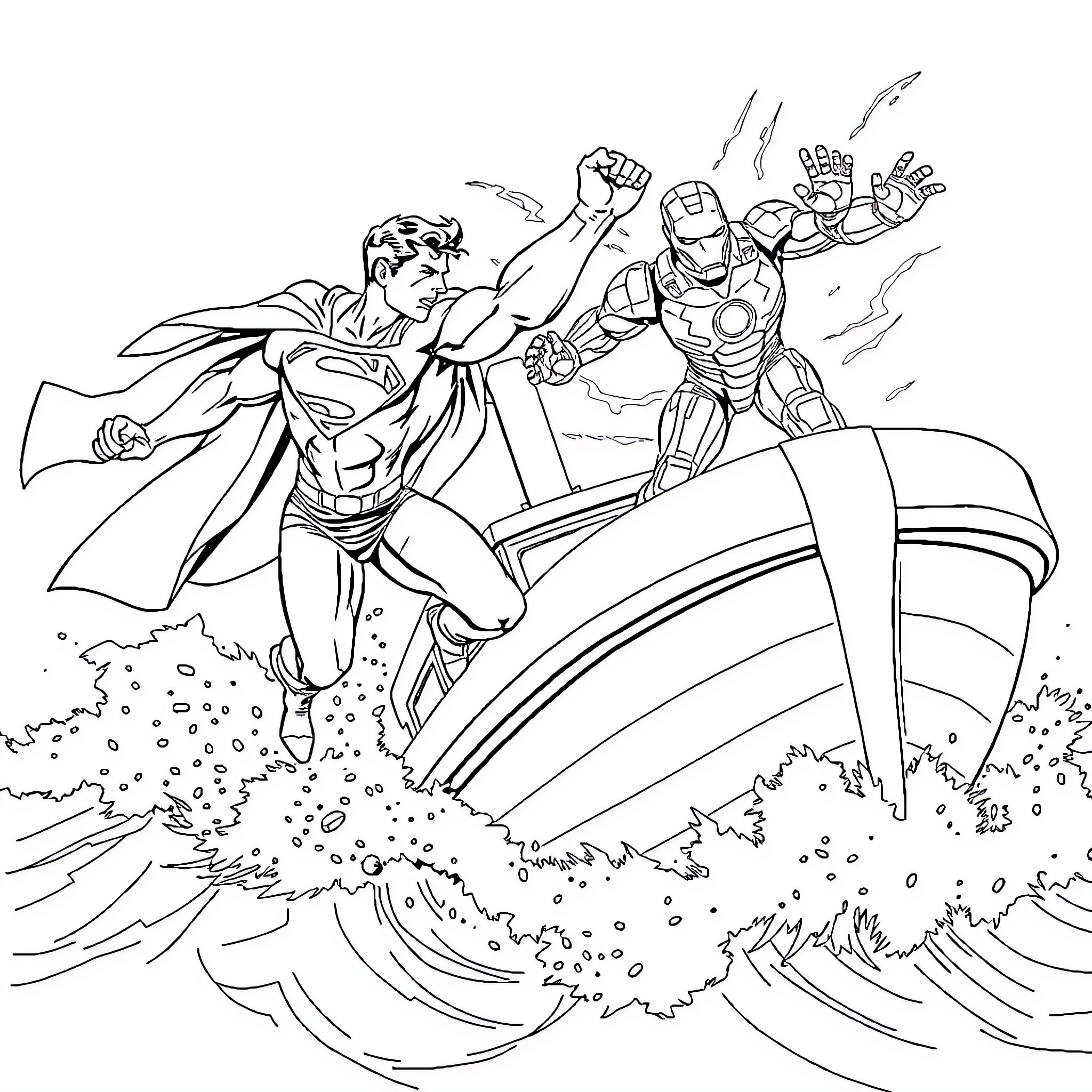 Superman and Iron Man in action-packed battle Coloring Page (free black-and-white line drawing printable PDF for all, from beginners to advanced learners, including children, teens, adults, and seniors)