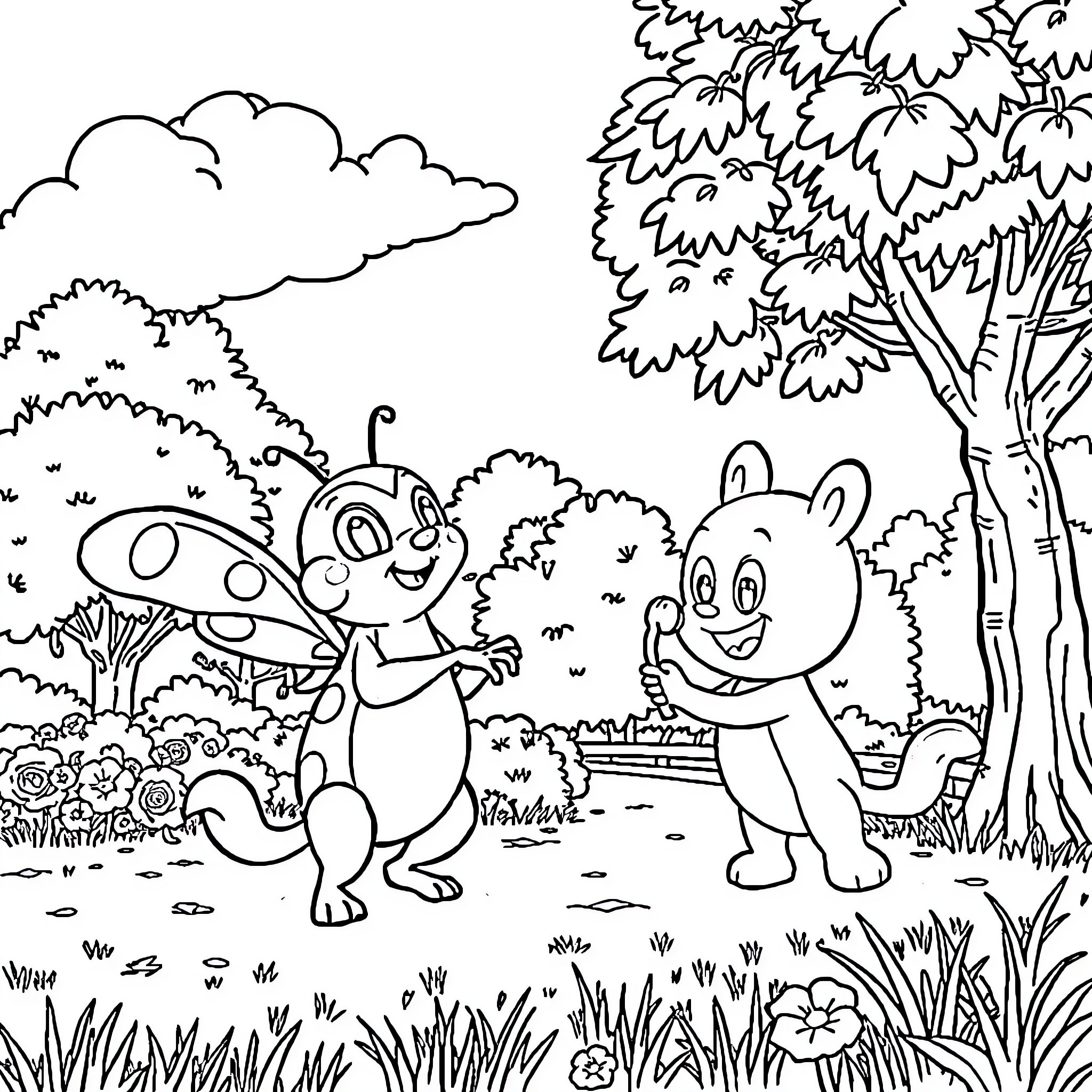 Bluey's Playful Adventure in the Forest Coloring Page (free black-and-white line drawing printable PDF for all, from beginners to advanced learners, including children, teens, adults, and seniors)
