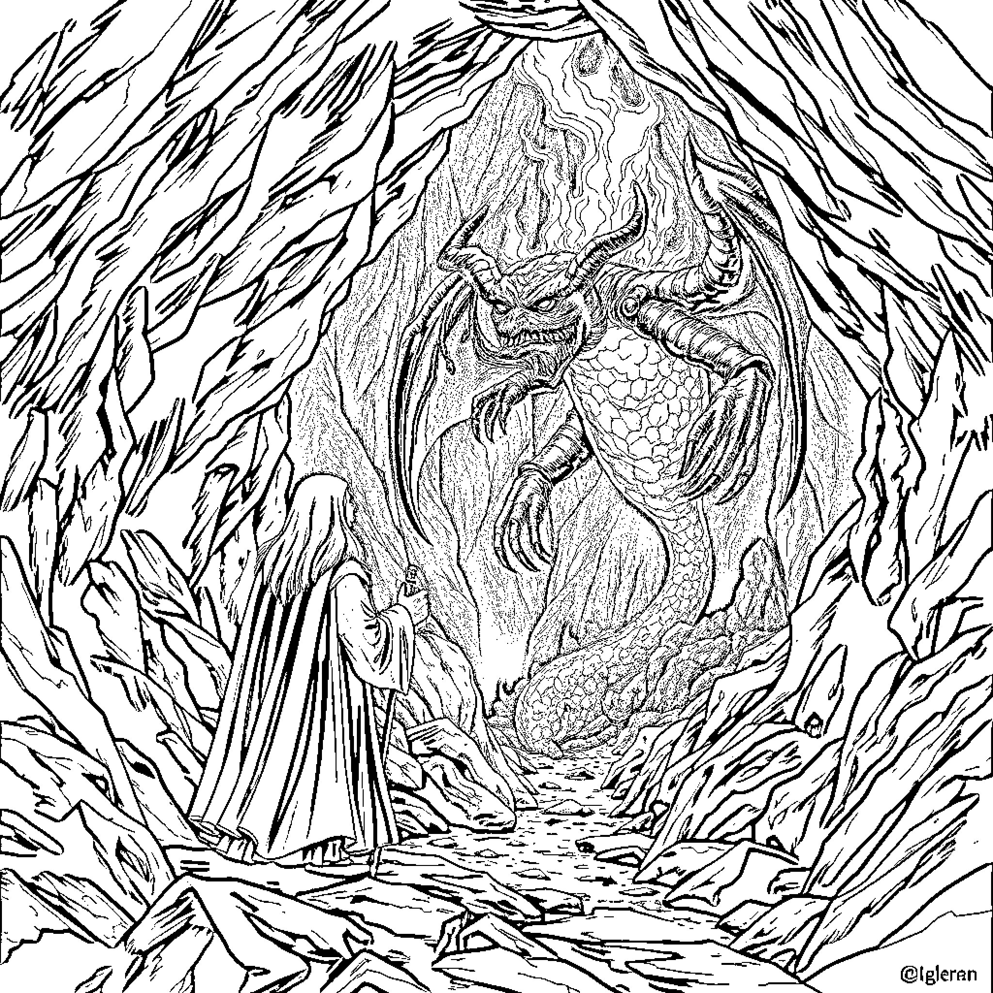 Gandalf confronting a fearsome dragon in a dark cave Coloring Page (free black-and-white line drawing printable PDF for all, from beginners to advanced learners, including children, teens, adults, and seniors)