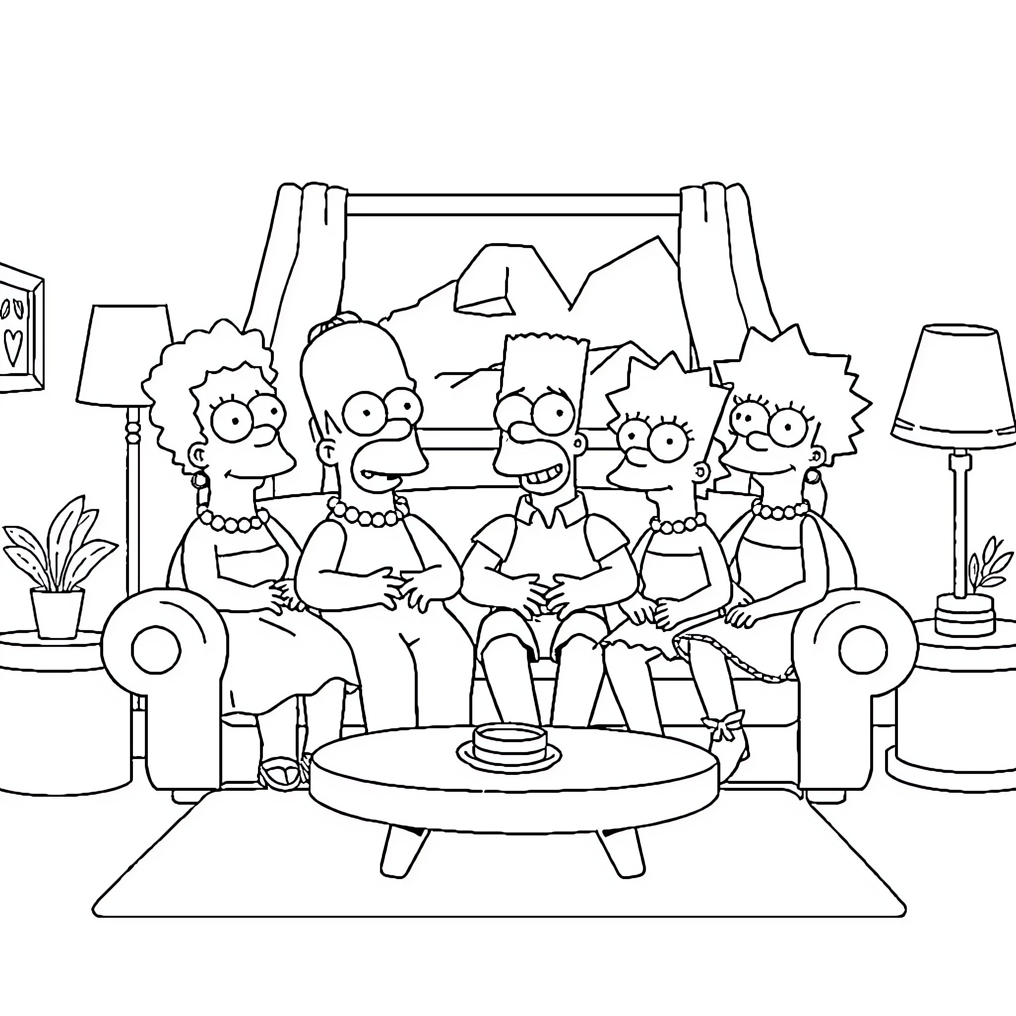 Simpson family enjoying a cozy evening together Coloring Page (free black-and-white line drawing printable PDF for all, from beginners to advanced learners, including children, teens, adults, and seniors)