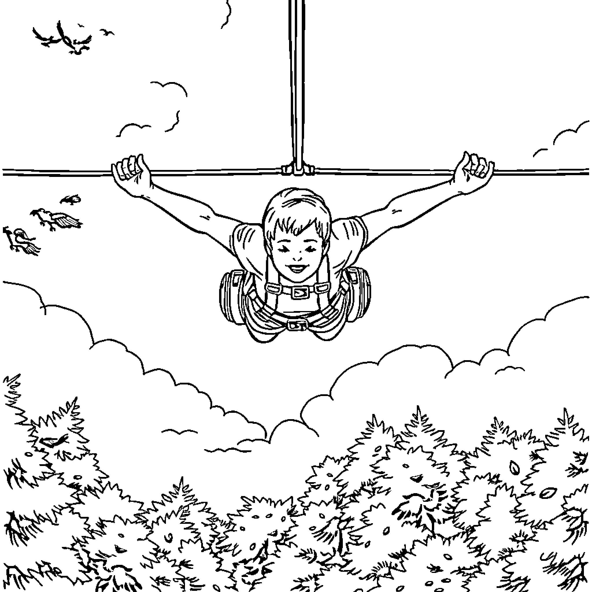 Person soaring through the skies with a harness Coloring Page (free black-and-white line drawing printable PDF for all, from beginners to advanced learners, including children, teens, adults, and seniors)
