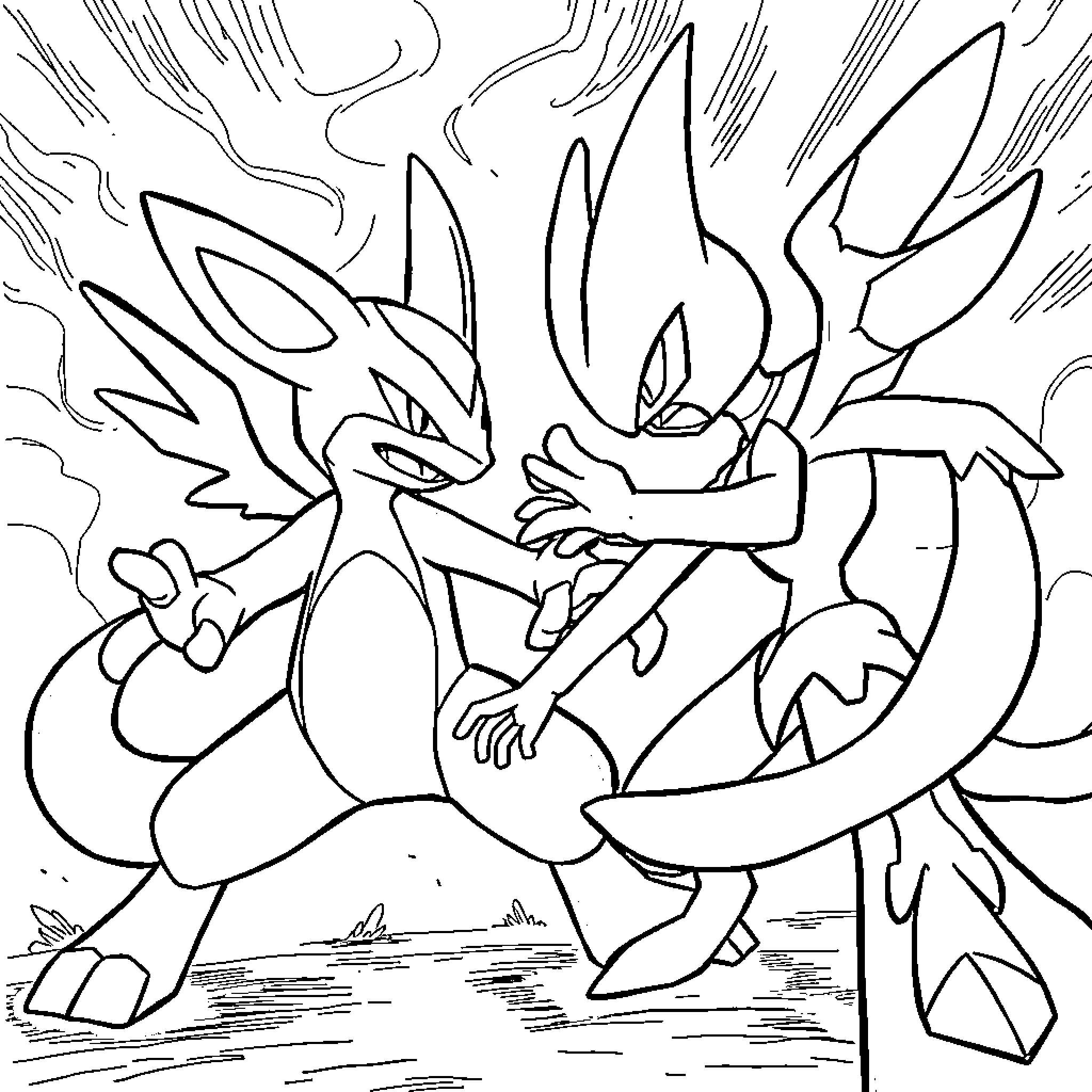 Lucario in intense battle stance Coloring Page (free black-and-white line drawing printable PDF for all, from beginners to advanced learners, including children, teens, adults, and seniors)
