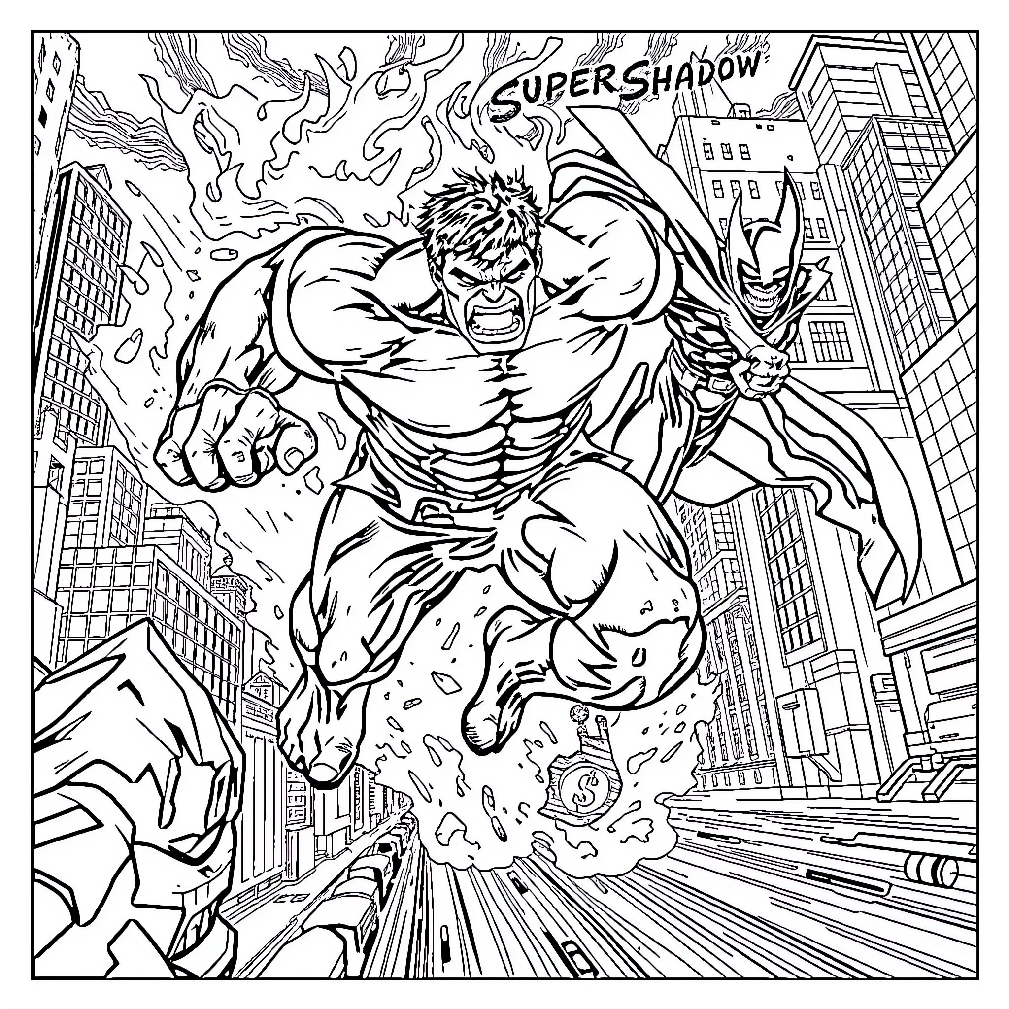 Hulk battles Super Shadow in city Coloring Page (free black-and-white line drawing printable PDF for all, from beginners to advanced learners, including children, teens, adults, and seniors)