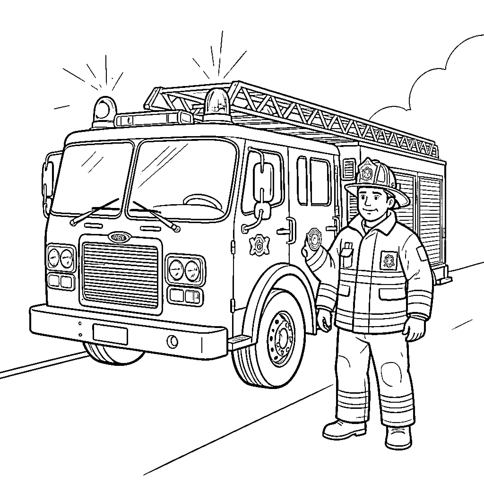 Bomber Firefighter rescuing people from burning building Coloring Page (free black-and-white line drawing printable PDF for all, from beginners to advanced learners, including children, teens, adults, and seniors)