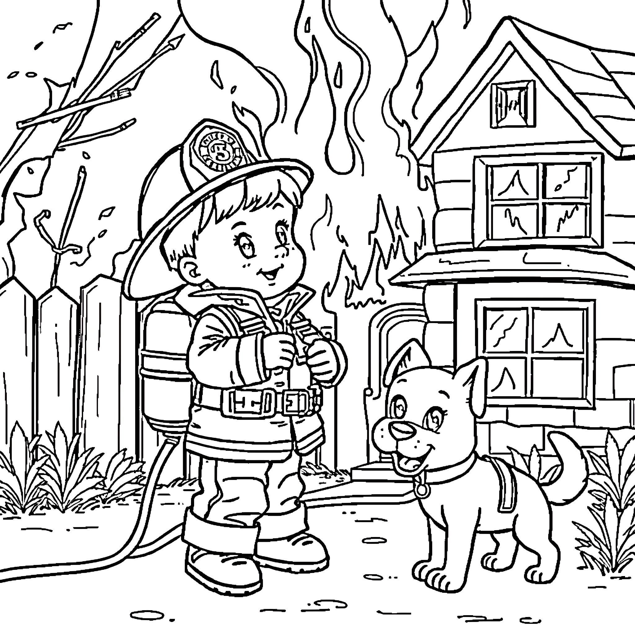 Firefighter rescuing pet from burning building Coloring Page (free black-and-white line drawing printable PDF for all, from beginners to advanced learners, including children, teens, adults, and seniors)