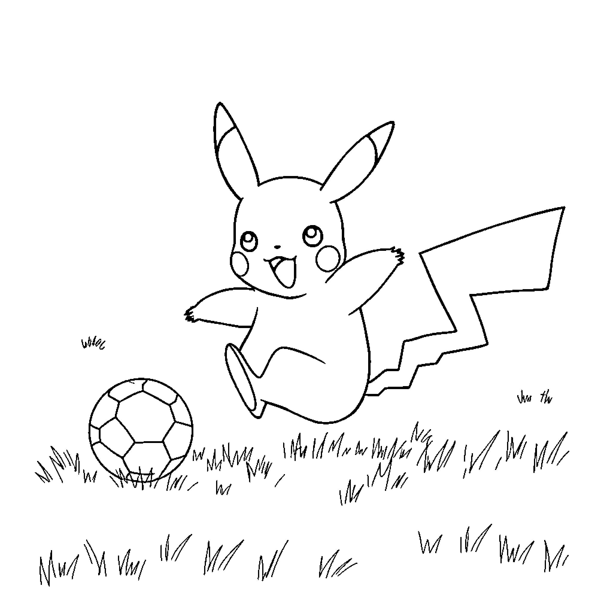 Pikachu playing joyfully with soccer ball on grassy field Coloring Page (free black-and-white line drawing printable PDF for all, from beginners to advanced learners, including children, teens, adults, and seniors)