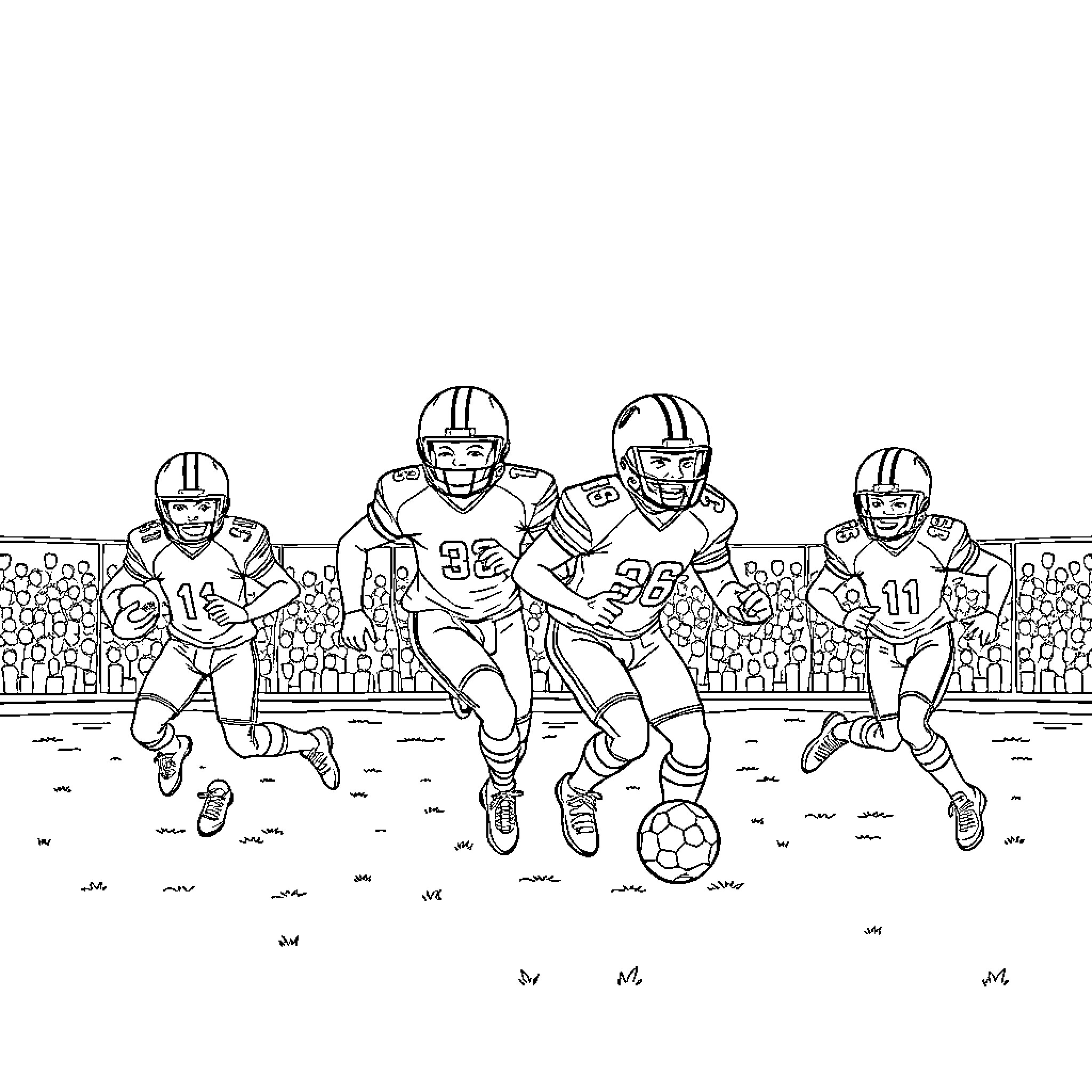 Supertricas playing football on the field Coloring Page (free black-and-white line drawing printable PDF for all, from beginners to advanced learners, including children, teens, adults, and seniors)