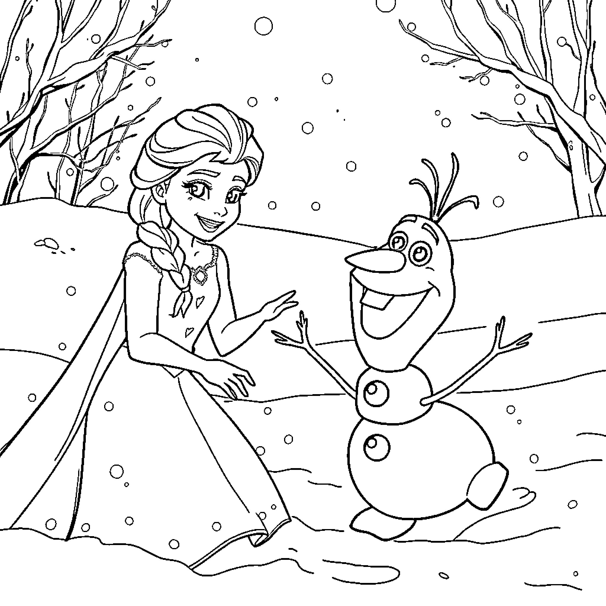 Elsa and Olaf playing in the snow Coloring Page (free black-and-white line drawing printable PDF for all, from beginners to advanced learners, including children, teens, adults, and seniors)