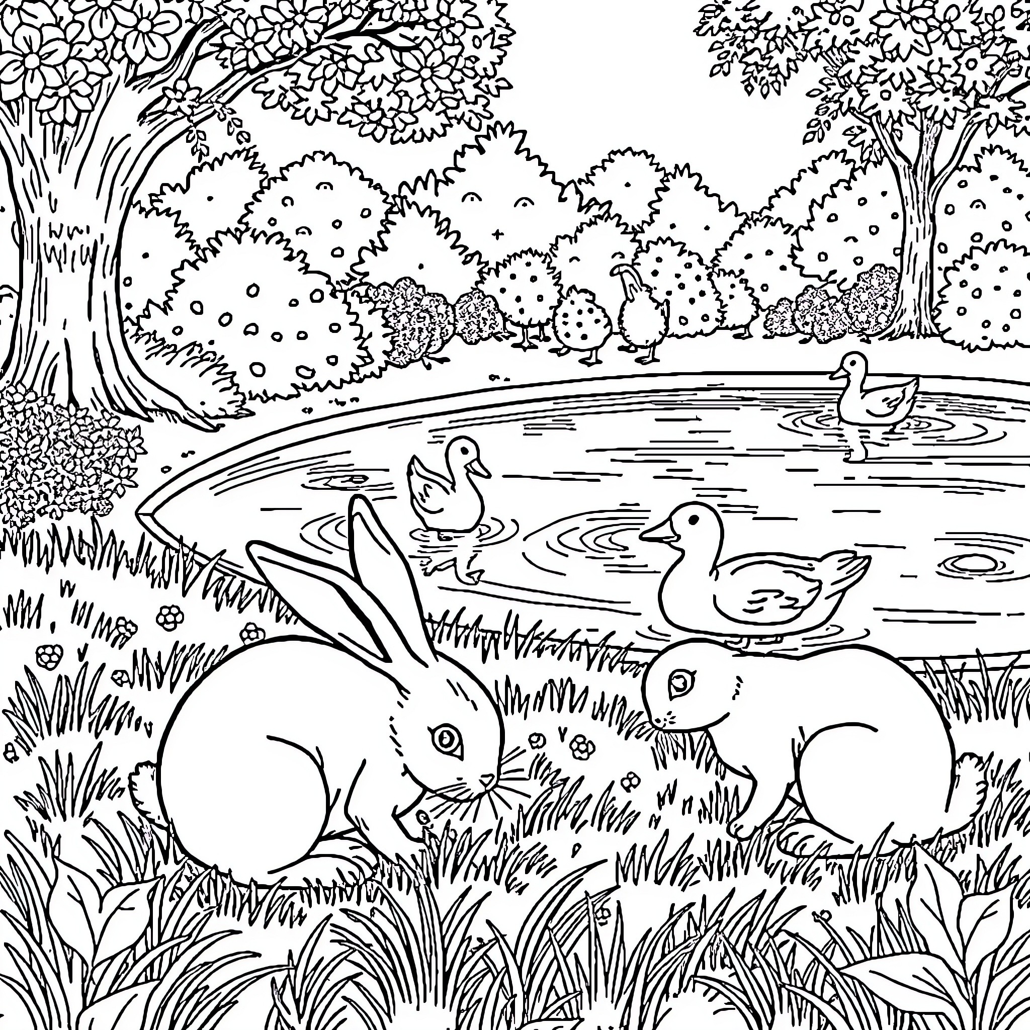 Bunny and ducklings enjoying a peaceful pond scene Coloring Page (free black-and-white line drawing printable PDF for all, from beginners to advanced learners, including children, teens, adults, and seniors)