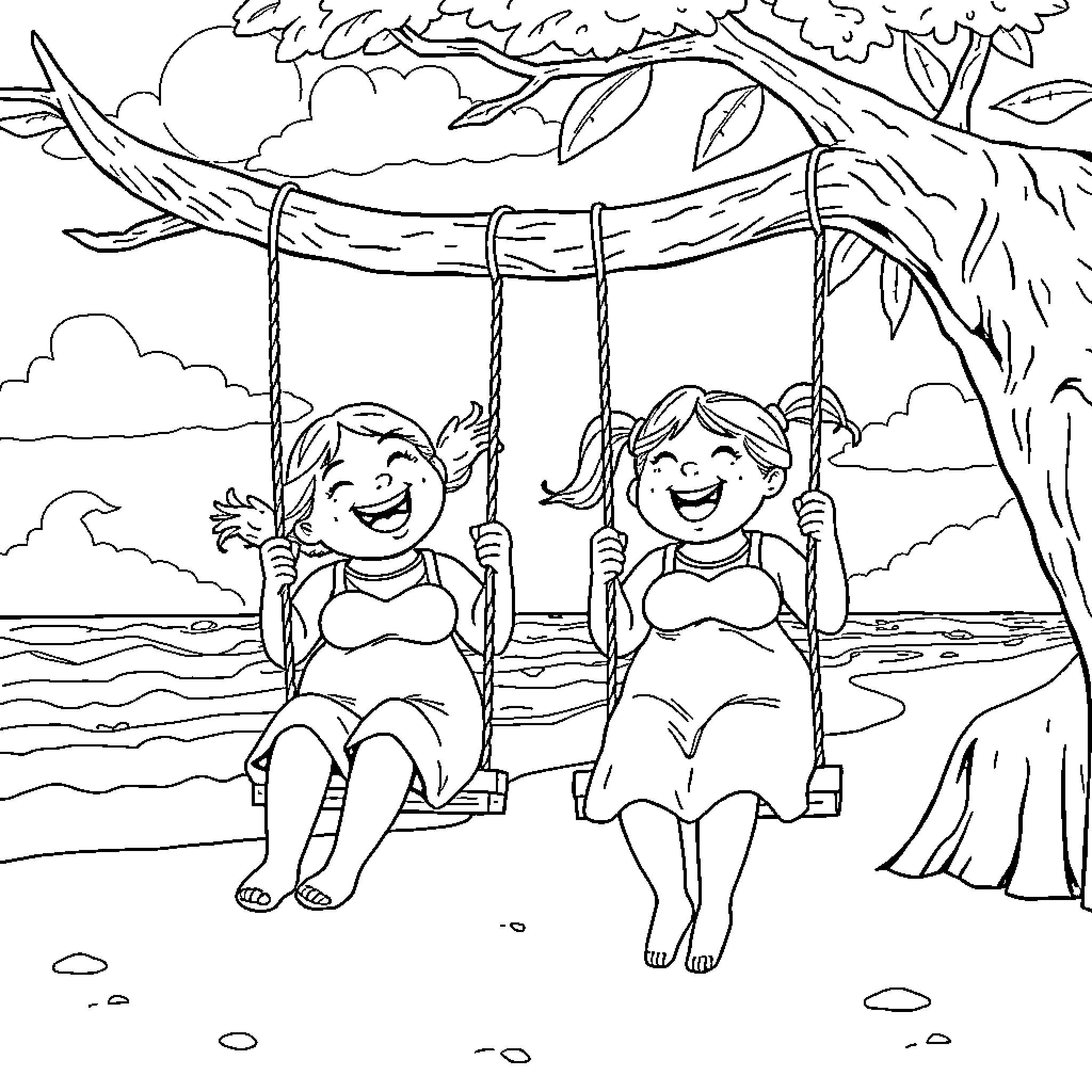 Girls enjoying swing by the lake Coloring Page (free black-and-white line drawing printable PDF for all, from beginners to advanced learners, including children, teens, adults, and seniors)