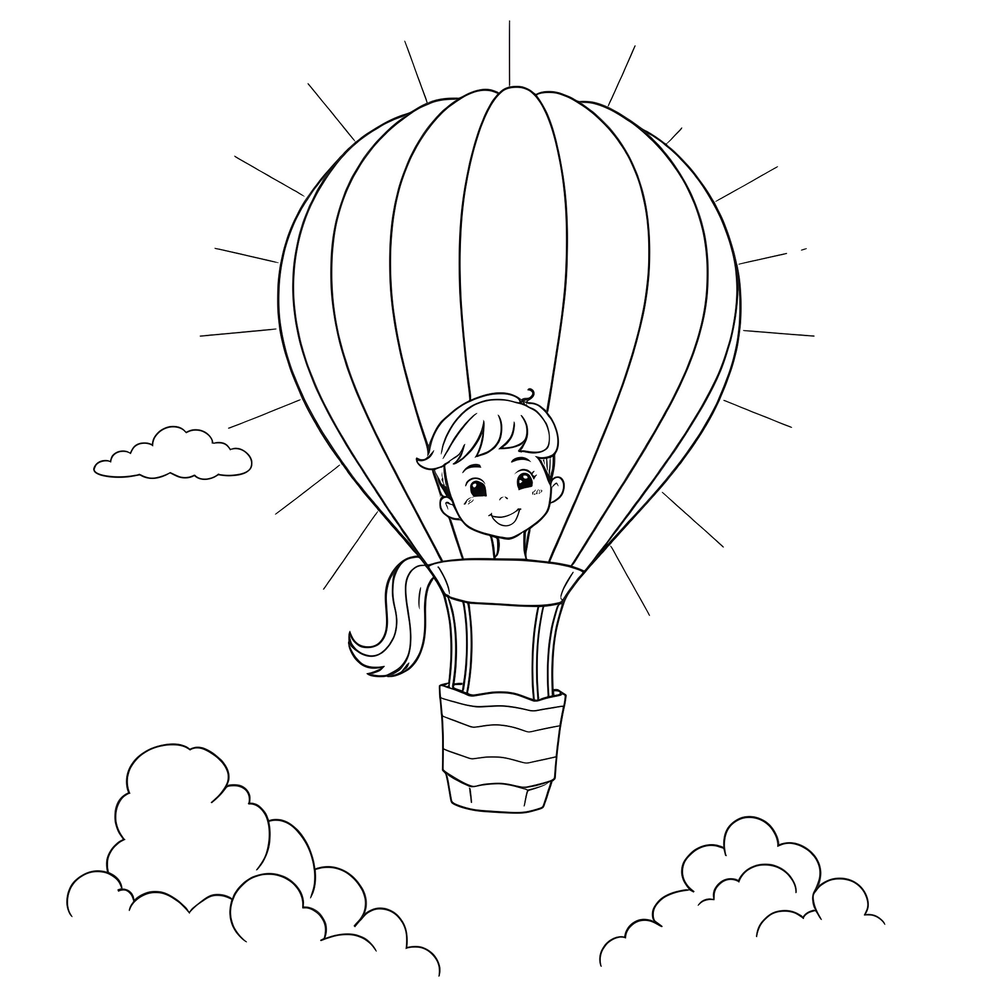 Hot Air Balloon Soaring with Joyful Child Coloring Page (free black-and-white line drawing printable PDF for all, from beginners to advanced learners, including children, teens, adults, and seniors)