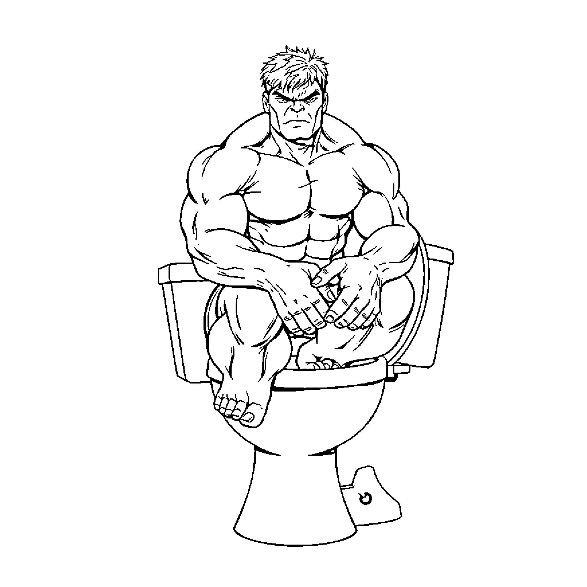 Hulk sitting angrily on a toilet Coloring Page (free black-and-white line drawing printable PDF for all, from beginners to advanced learners, including children, teens, adults, and seniors)