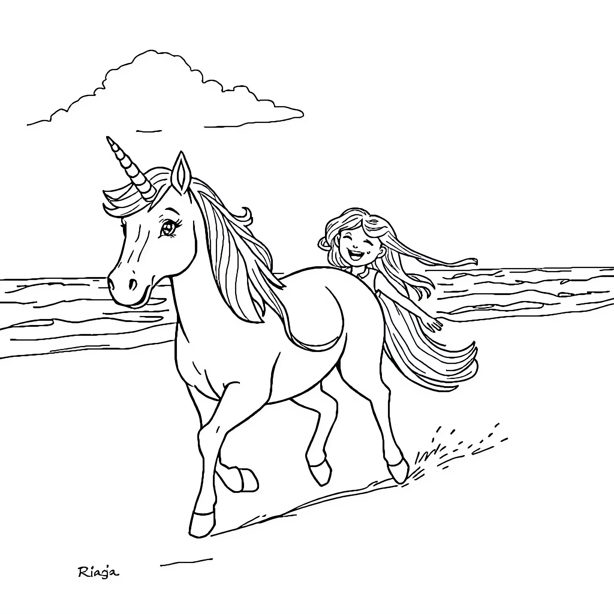 Unicorn and cheerful girl playing at the beach Coloring Page (free black-and-white line drawing printable PDF for all, from beginners to advanced learners, including children, teens, adults, and seniors)