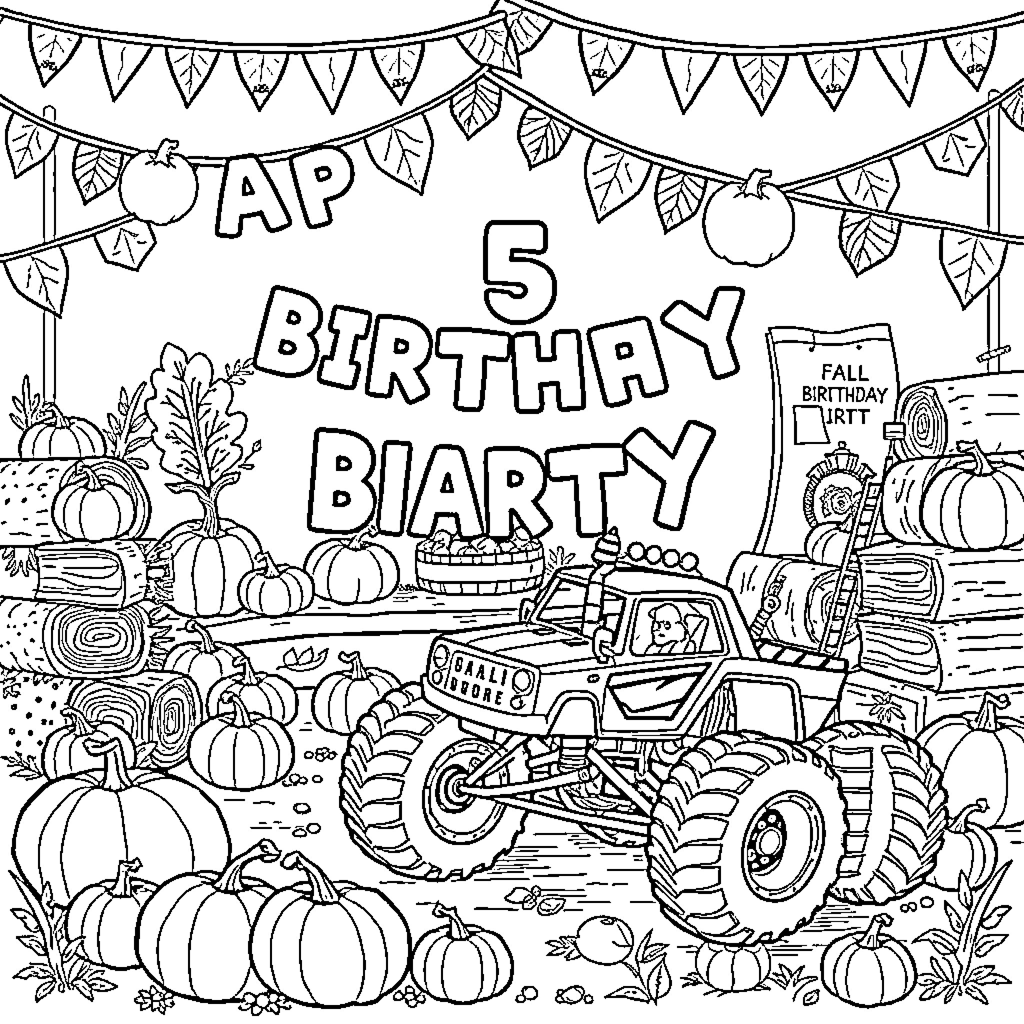 Birthday Party with Fall Decorations and Monster Truck Coloring Page (free black-and-white line drawing printable PDF for all, from beginners to advanced learners, including children, teens, adults, and seniors)