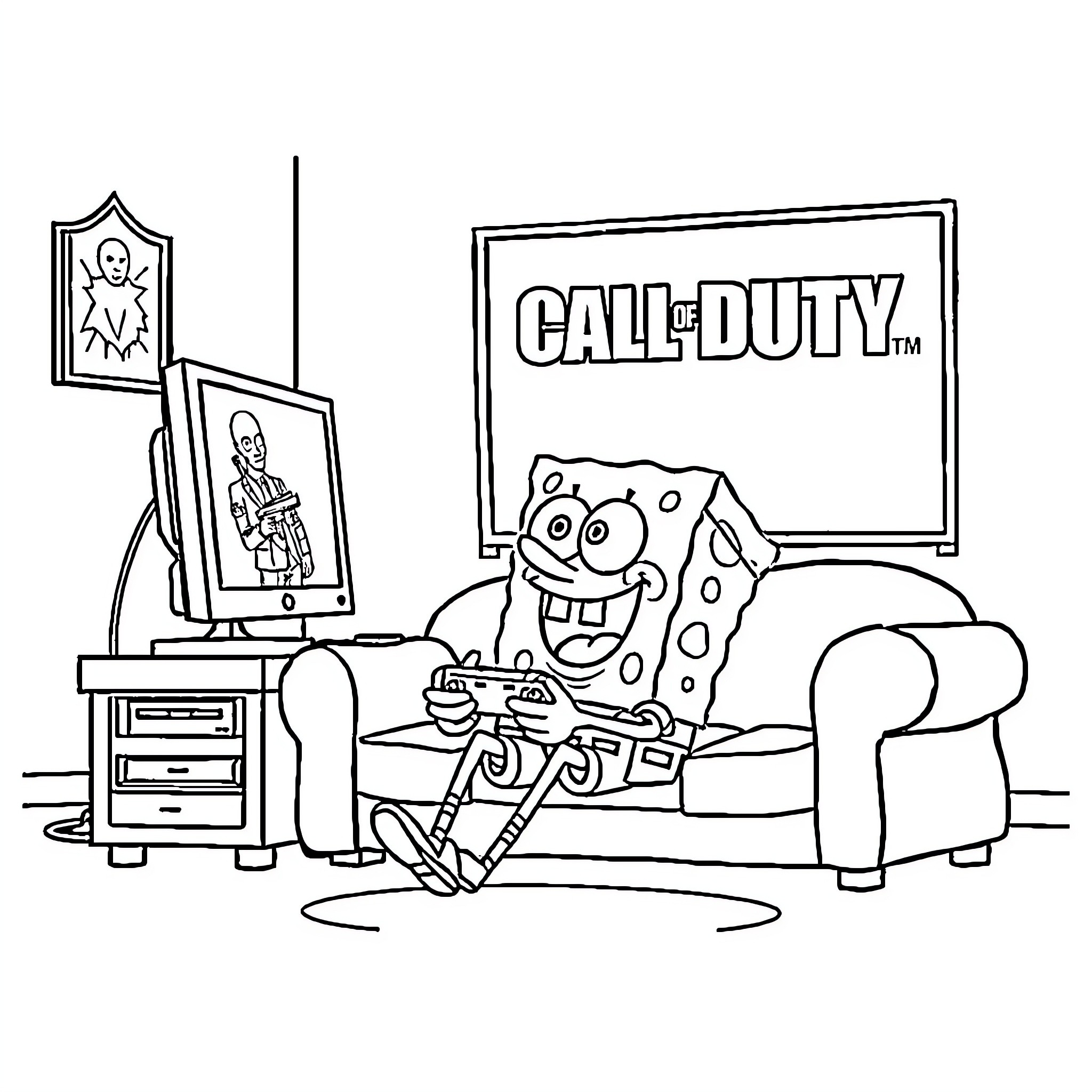 Spongebob playing Call of Duty video game on couch Coloring Page (free black-and-white line drawing printable PDF for all, from beginners to advanced learners, including children, teens, adults, and seniors)
