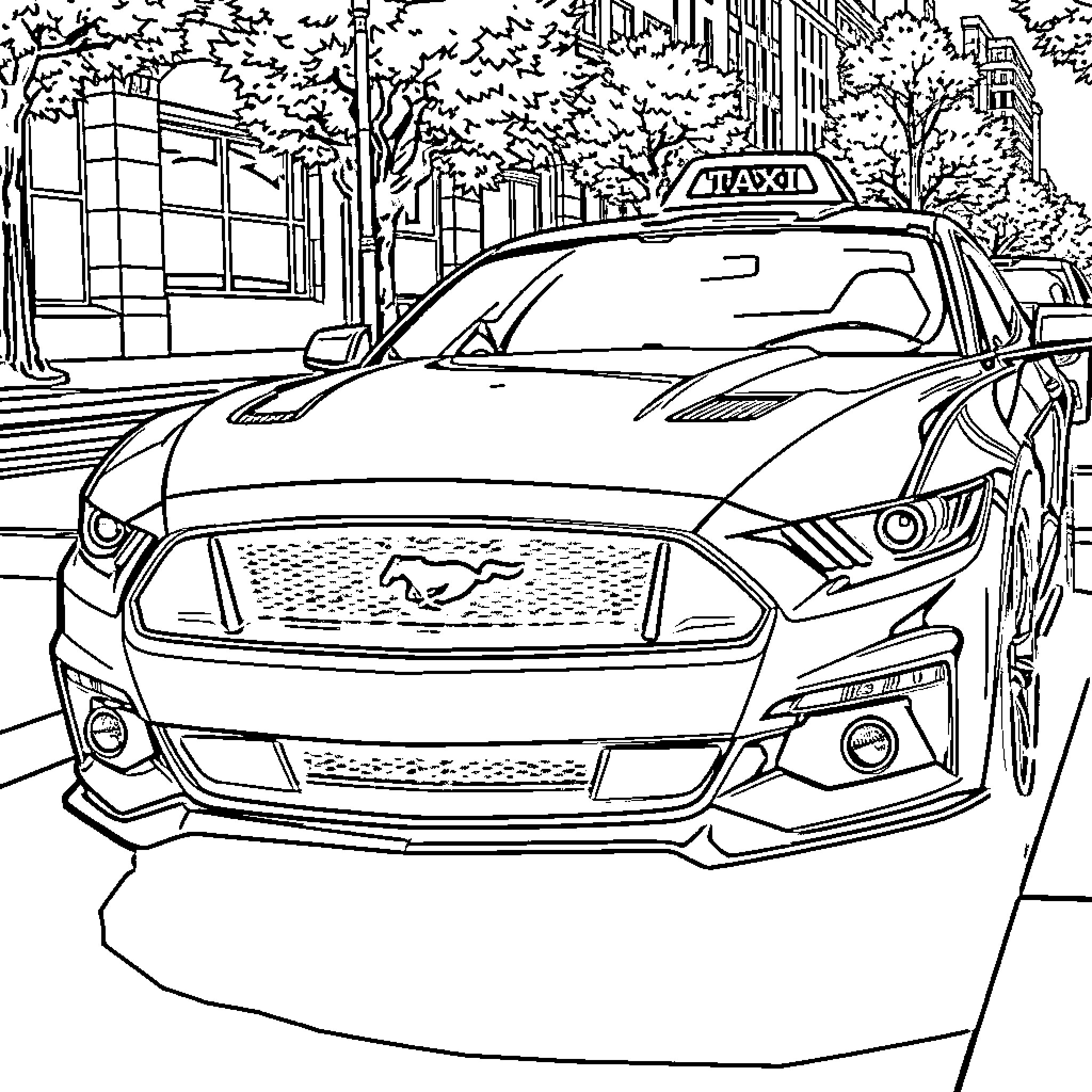 Ford Mustang taxi speeding through the city Coloring Page (free black-and-white line drawing printable PDF for all, from beginners to advanced learners, including children, teens, adults, and seniors)