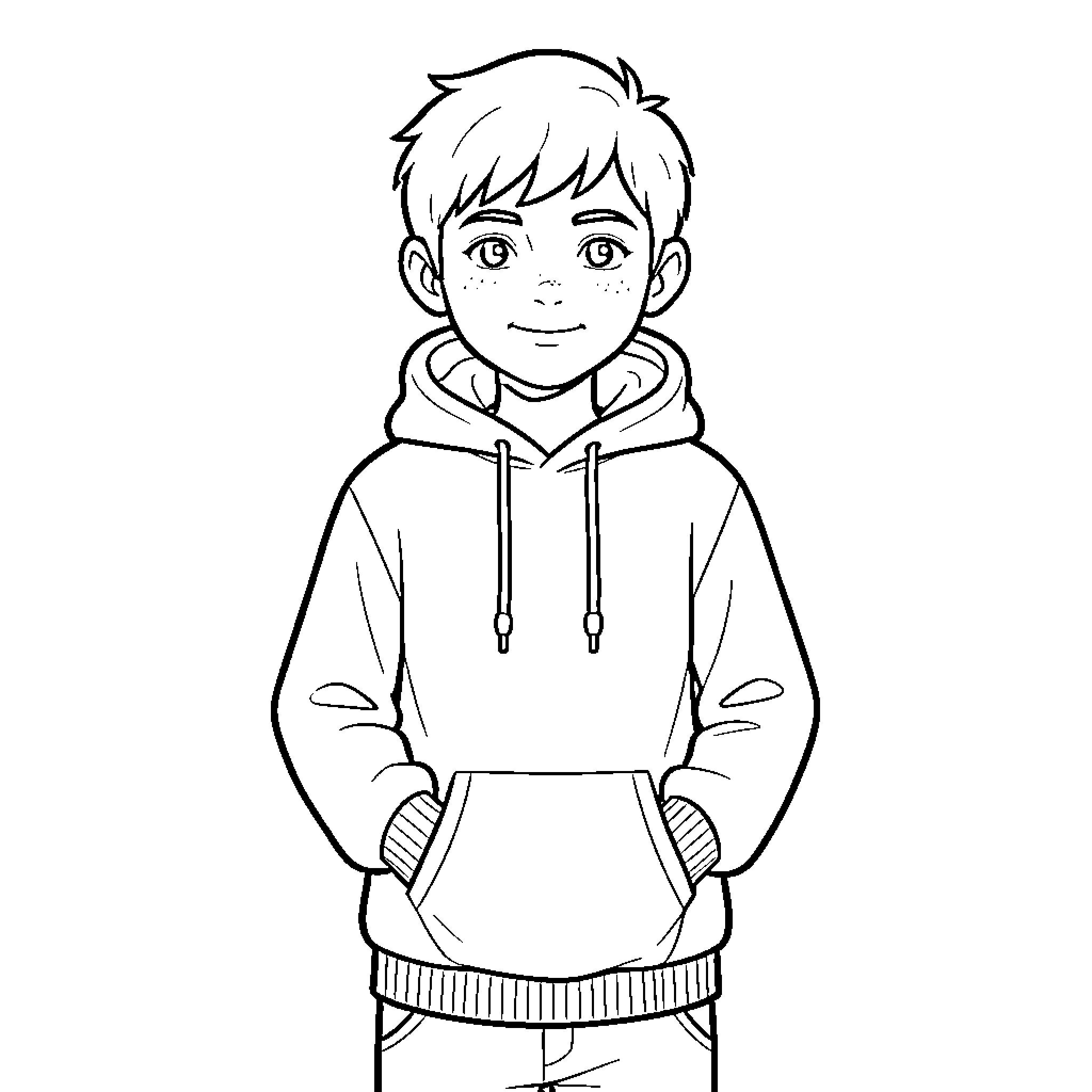 Boy in casual hoodie smiling cheerfully Coloring Page (free black-and-white line drawing printable PDF for all, from beginners to advanced learners, including children, teens, adults, and seniors)