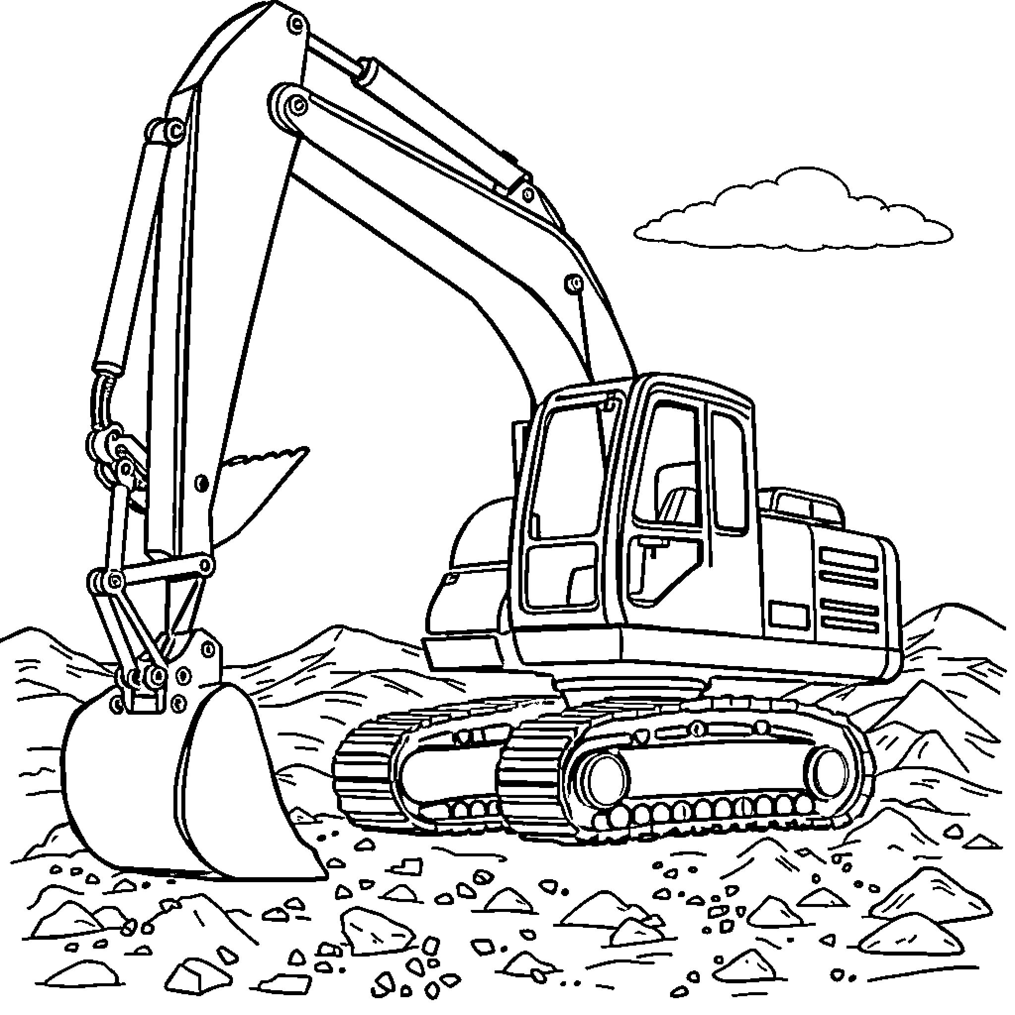 Excavator operating on construction site Coloring Page (free black-and-white line drawing printable PDF for all, from beginners to advanced learners, including children, teens, adults, and seniors)