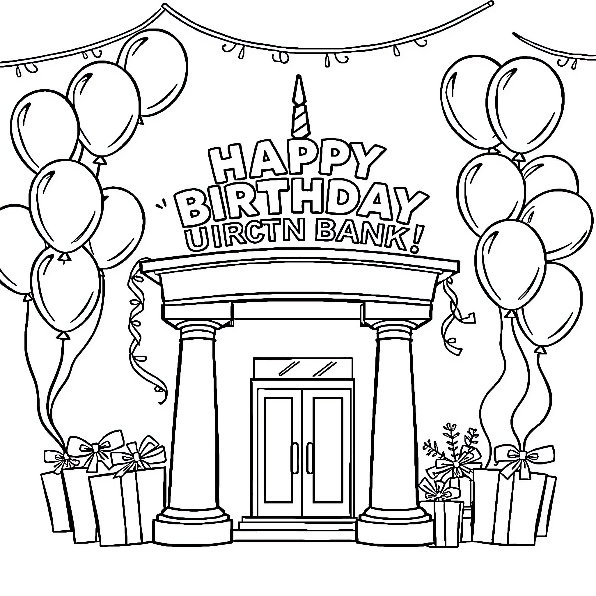 Union Bank celebrating a birthday with balloons and gifts Coloring Page (free black-and-white line drawing printable PDF for all, from beginners to advanced learners, including children, teens, adults, and seniors)