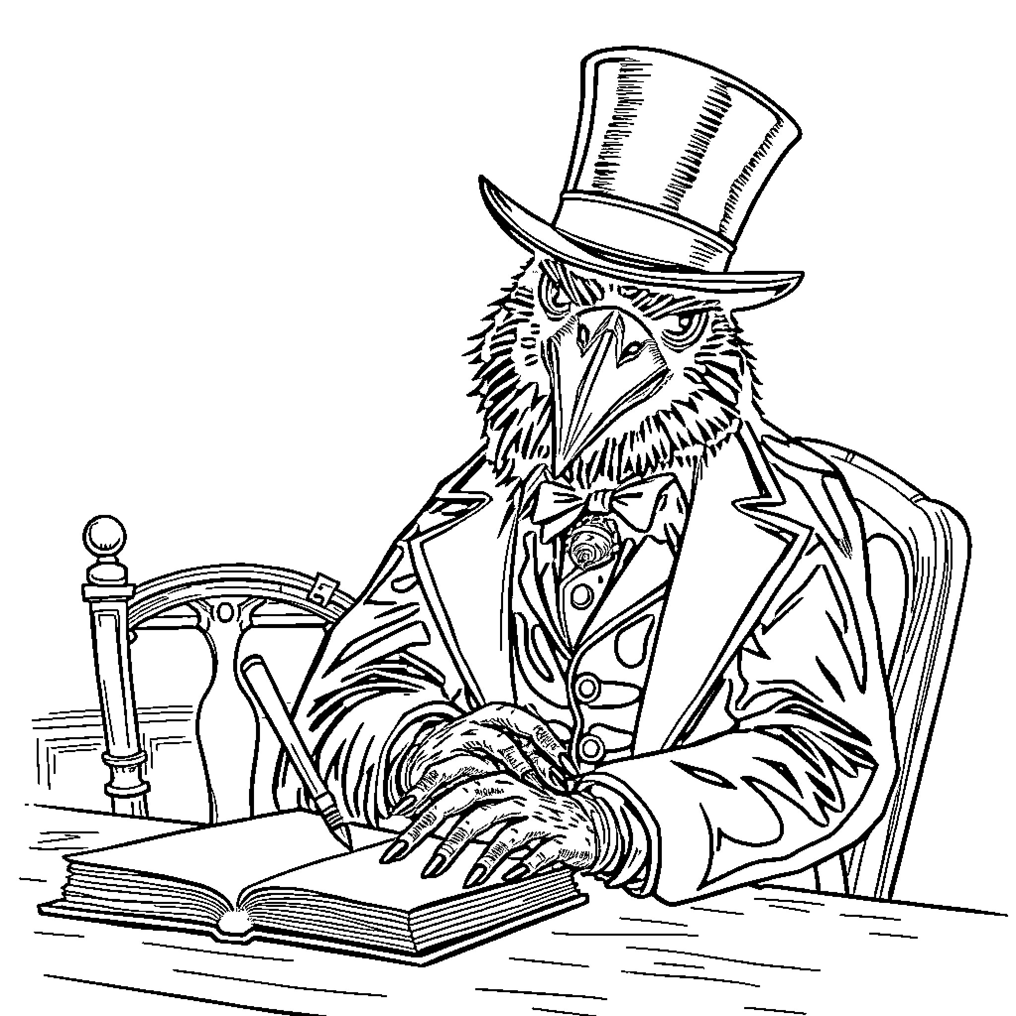 Crow in Formal Attire Reading a Book Coloring Page (free black-and-white line drawing printable PDF for all, from beginners to advanced learners, including children, teens, adults, and seniors)
