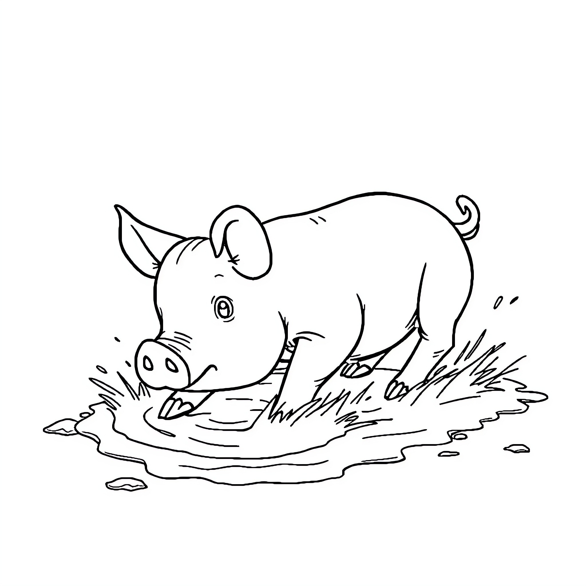 Pig splashing in a puddle Coloring Page (free black-and-white line drawing printable PDF for all, from beginners to advanced learners, including children, teens, adults, and seniors)