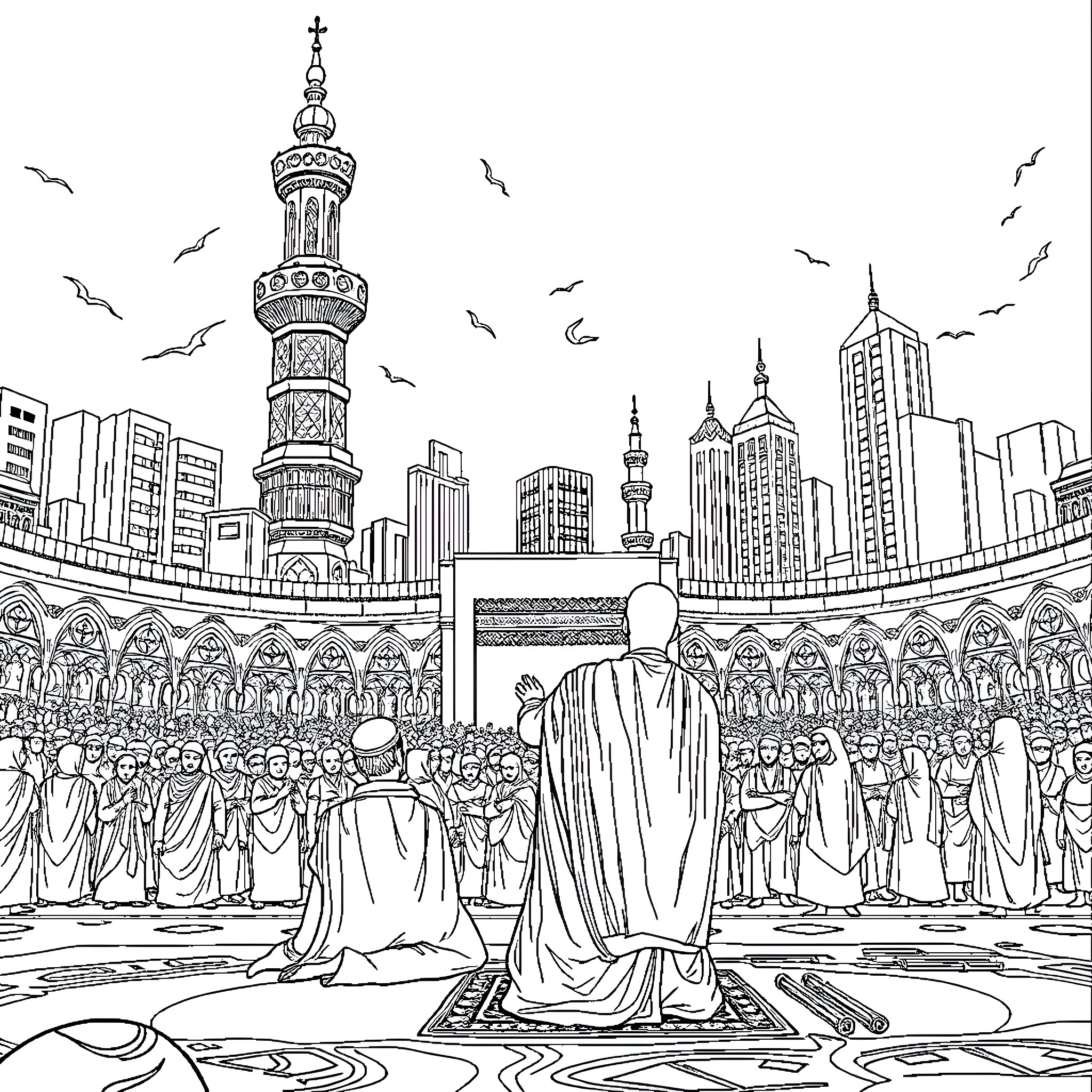 Kratos in a grand religious procession Coloring Page (free black-and-white line drawing printable PDF for all, from beginners to advanced learners, including children, teens, adults, and seniors)