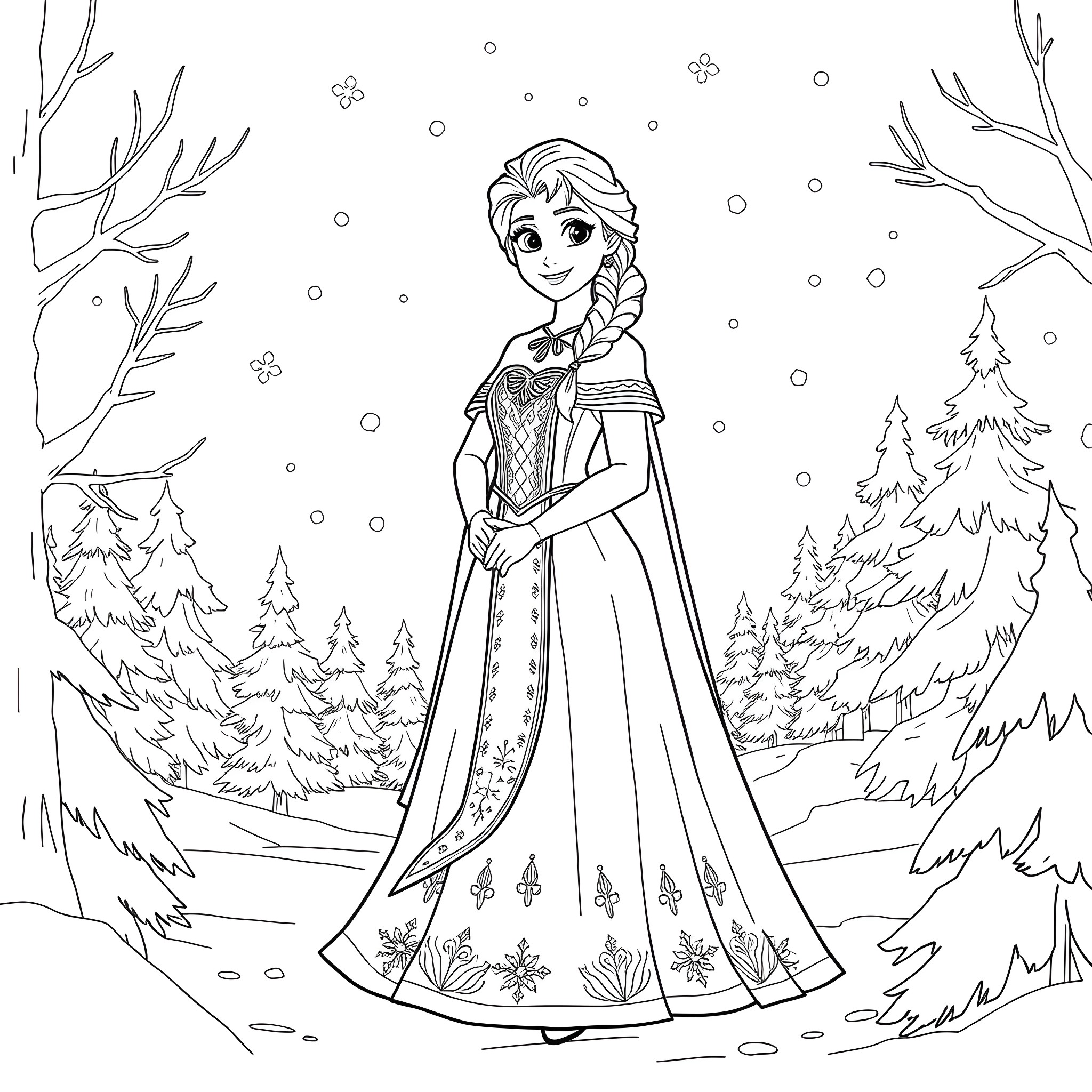 Anna standing in a winter wonderland Coloring Page (free black-and-white line drawing printable PDF for all, from beginners to advanced learners, including children, teens, adults, and seniors)