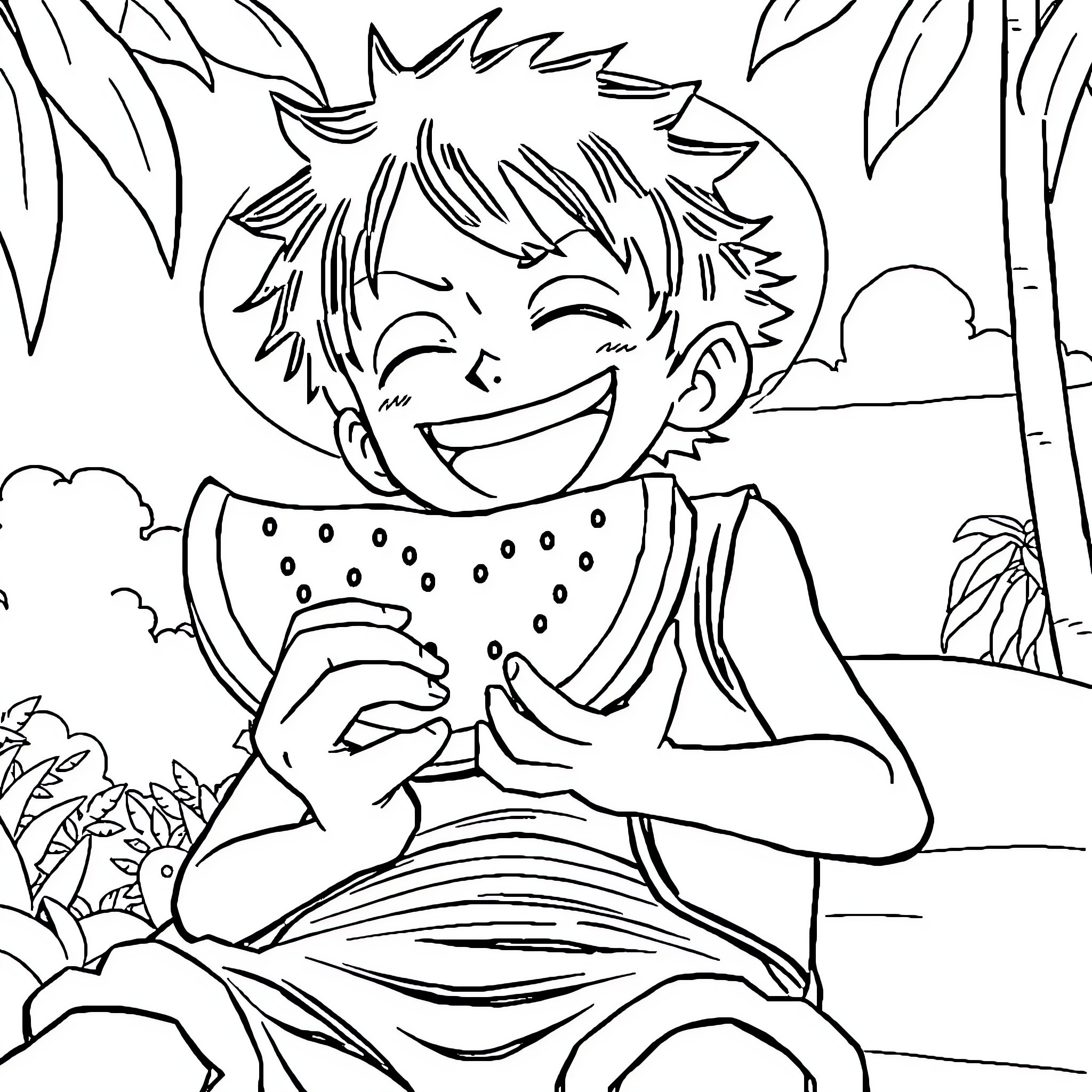 Monkey D Luffy enjoying a refreshing watermelon Coloring Page (free black-and-white line drawing printable PDF for all, from beginners to advanced learners, including children, teens, adults, and seniors)