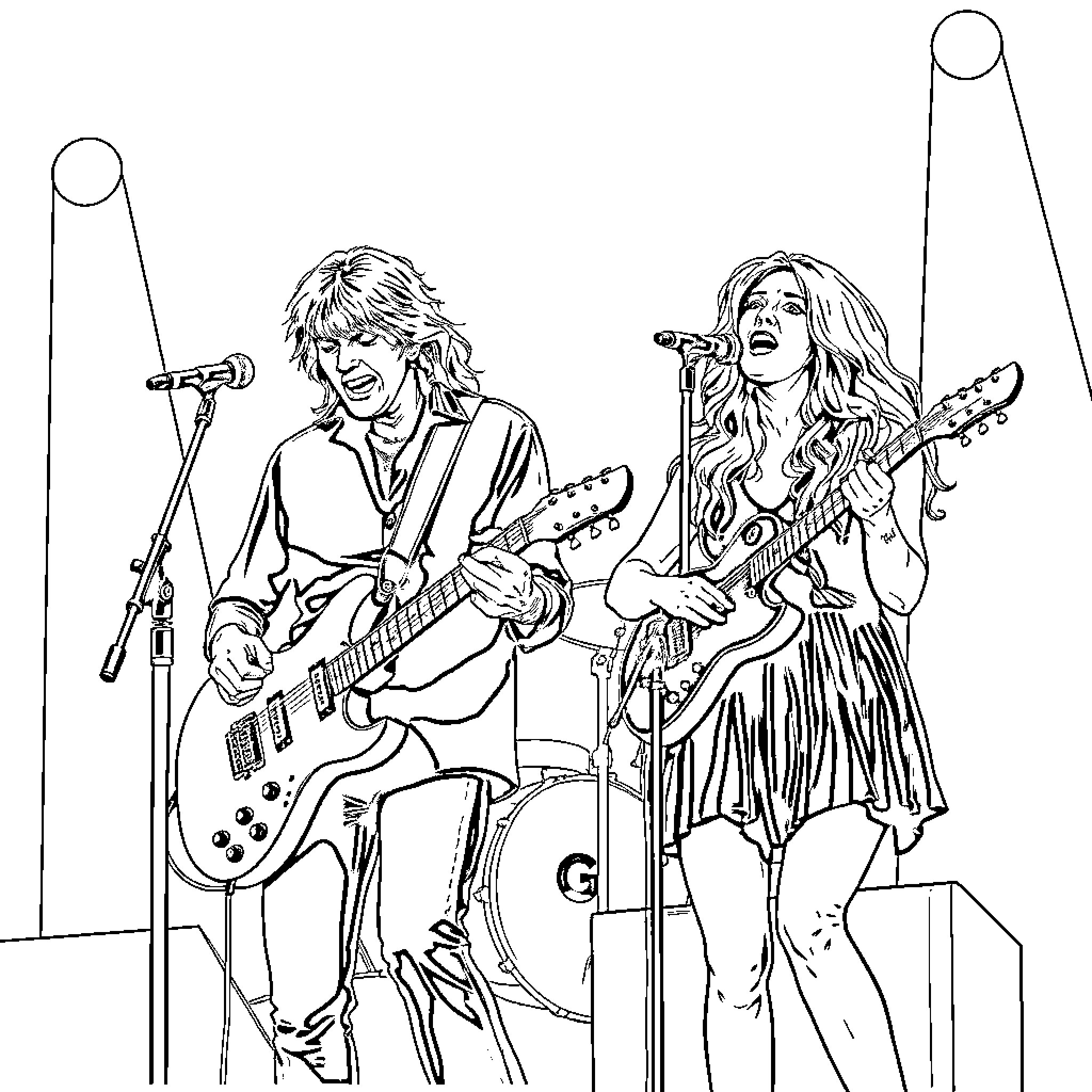 Fleetwood Mac Performers on Stage Coloring Page (free black-and-white line drawing printable PDF for all, from beginners to advanced learners, including children, teens, adults, and seniors)