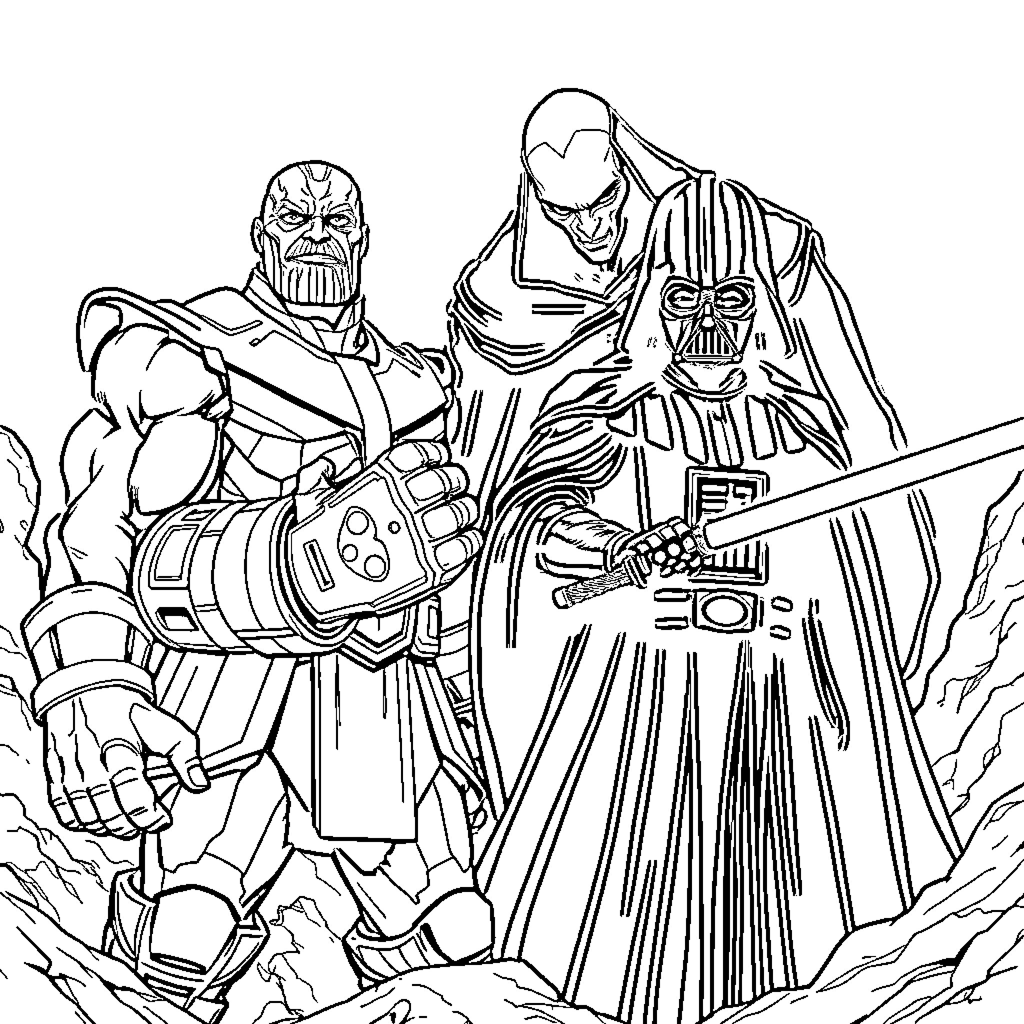 Villain's Galactic Conquest: Sinister Duo Plotting Domination Coloring Page (free black-and-white line drawing printable PDF for all, from beginners to advanced learners, including children, teens, adults, and seniors)
