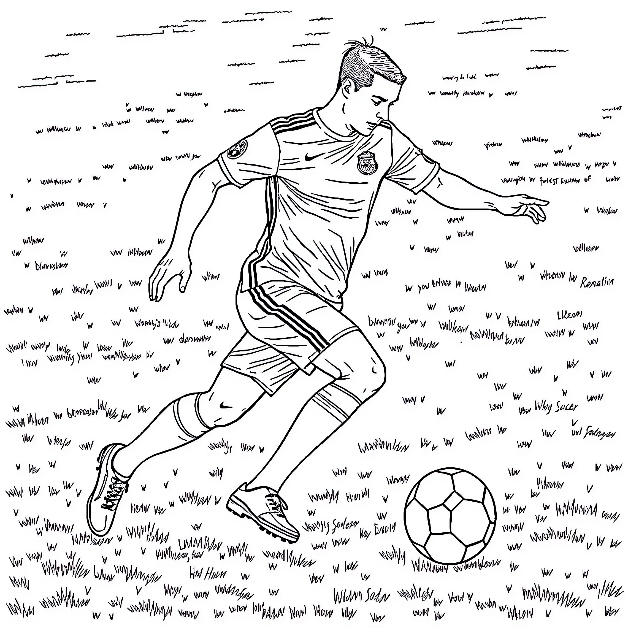 Ronaldo in action on the soccer field Coloring Page (free black-and-white line drawing printable PDF for all, from beginners to advanced learners, including children, teens, adults, and seniors)