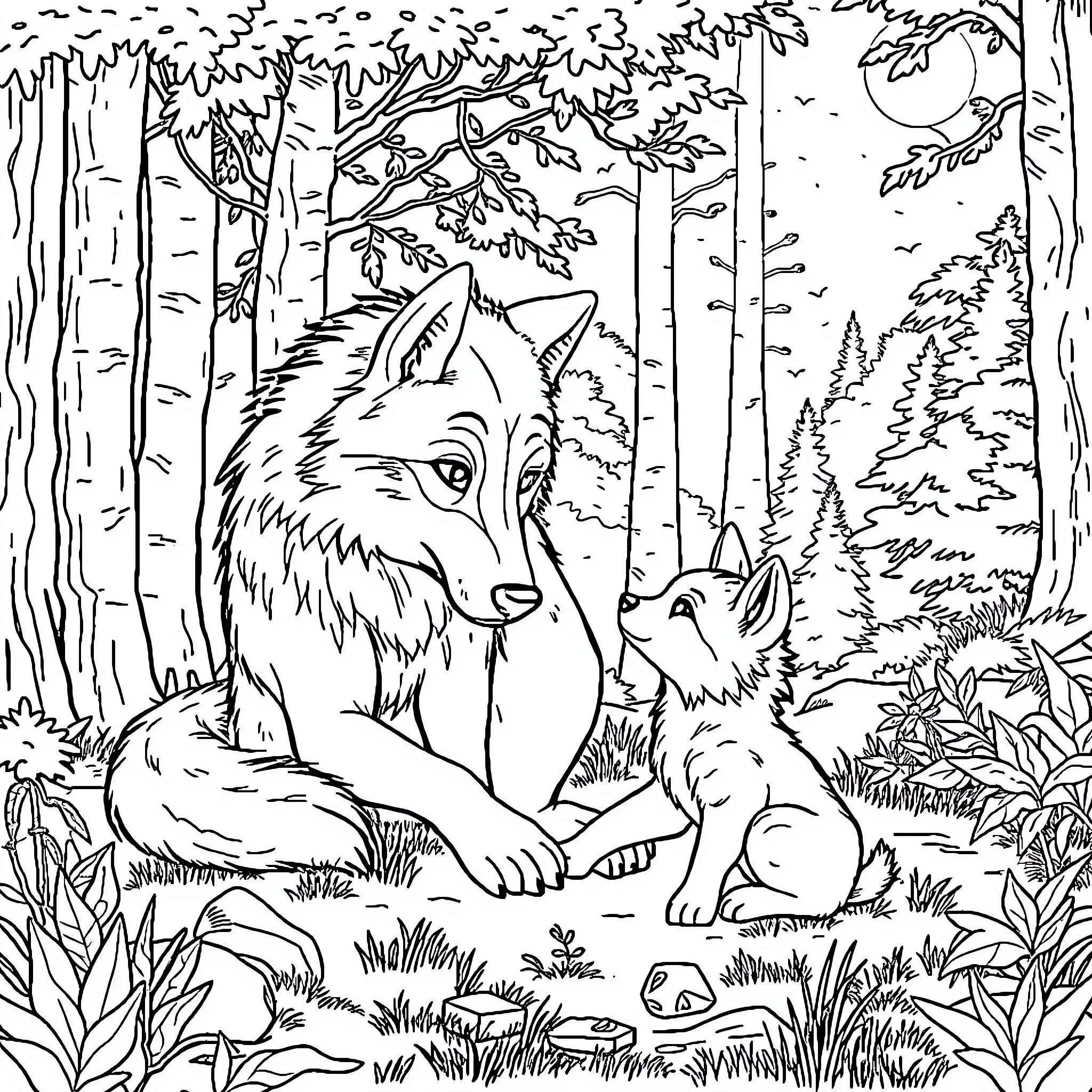 Wolf Siblings Exploring the Enchanting Forest Coloring Page (free black-and-white line drawing printable PDF for all, from beginners to advanced learners, including children, teens, adults, and seniors)