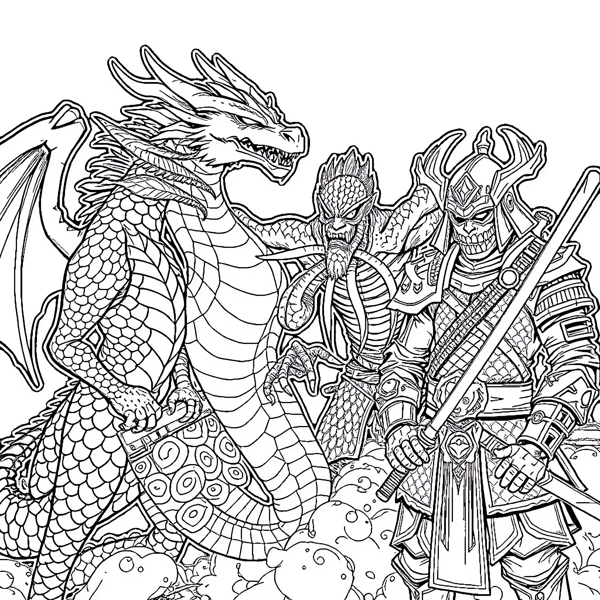 Dragon warriors in epic battle formation Coloring Page (free black-and-white line drawing printable PDF for all, from beginners to advanced learners, including children, teens, adults, and seniors)