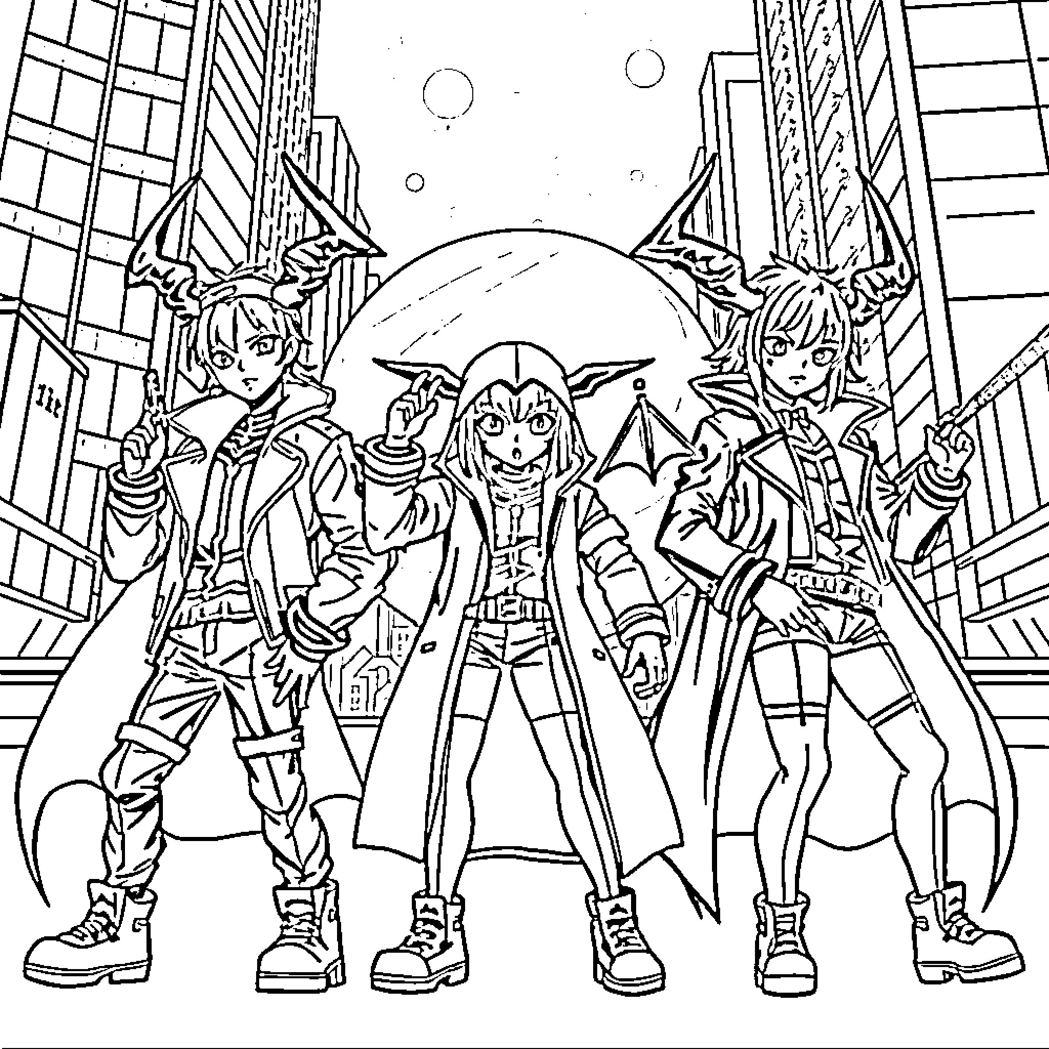 Kpop Trio Adventuring in the City Skyline Coloring Page (free black-and-white line drawing printable PDF for all, from beginners to advanced learners, including children, teens, adults, and seniors)