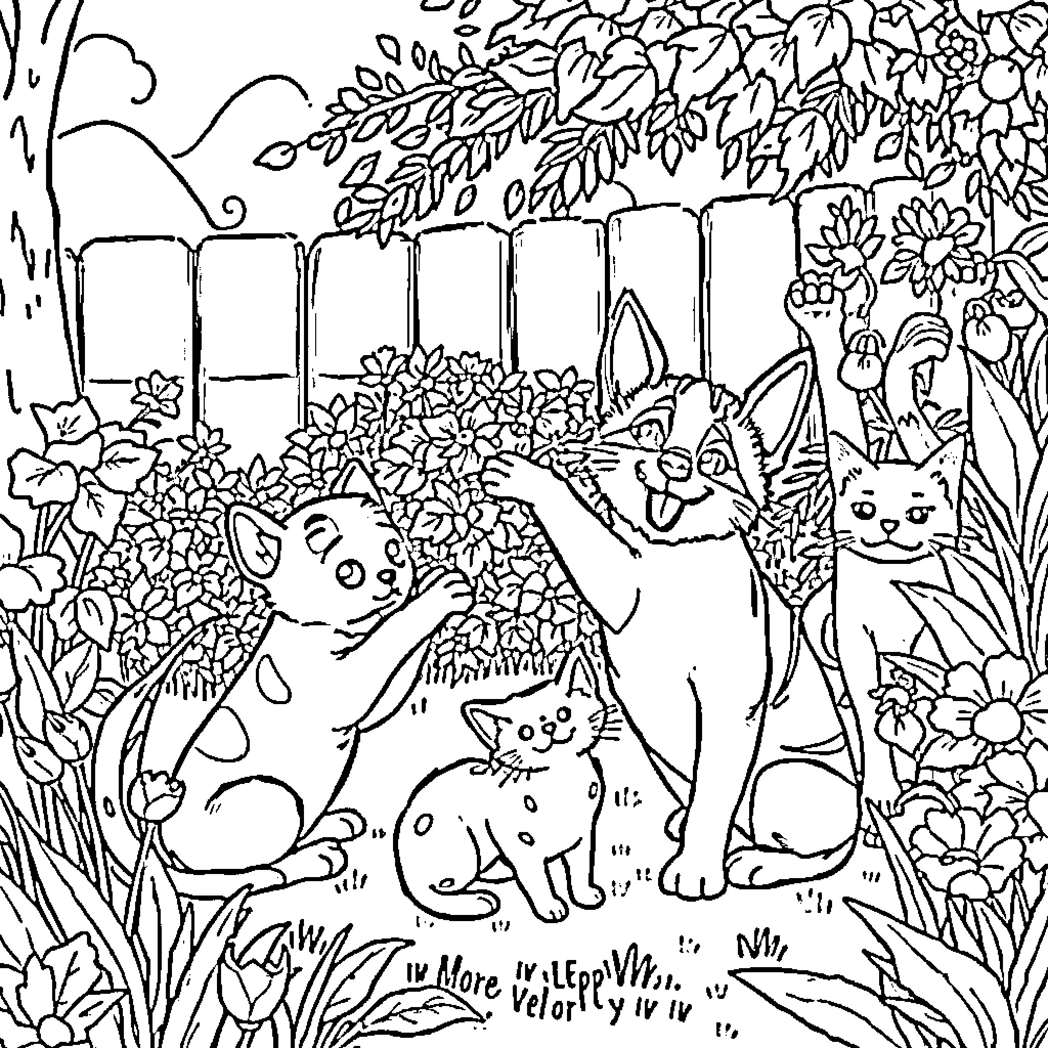 Domestic Animals Playing in a Lush Garden Coloring Page (free black-and-white line drawing printable PDF for all, from beginners to advanced learners, including children, teens, adults, and seniors)