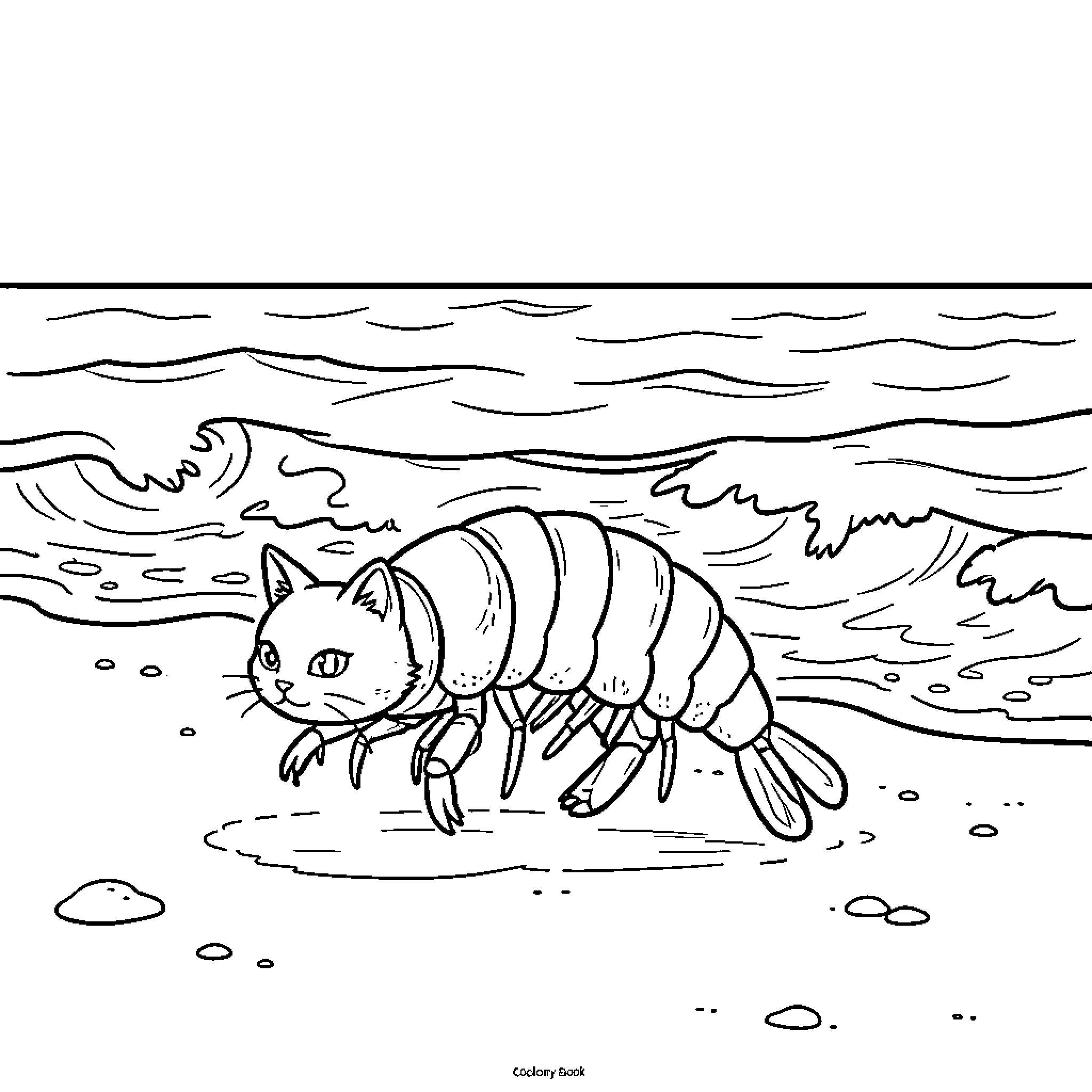 Cat-like creature exploring the seashore Coloring Page (free black-and-white line drawing printable PDF for all, from beginners to advanced learners, including children, teens, adults, and seniors)