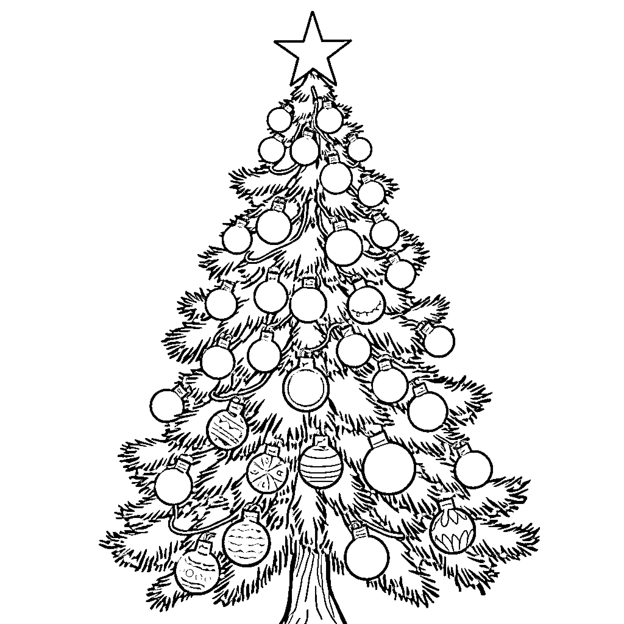 Christmas Tree with Decorations Coloring Page (free black-and-white line drawing printable PDF for all, from beginners to advanced learners, including children, teens, adults, and seniors)